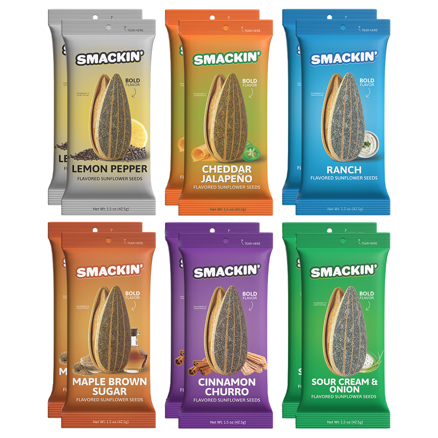 Product photography showing twelve SMACKIN' flavored sunflower seed packets in six colorful pairs, featuring bold flavors like Lemon Pepper, Ranch, and Cinnamon Churro with an enlarged seed graphic on each