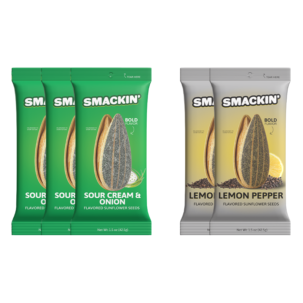 Multiple Smakin' flavored sunflower seed snack bags, including green Sour Cream & Onion with an onion slice and grey Lemon Pepper with a bright lemon wedge and black peppercorns, all prominently featuring a detailed sunflower seed illustration and Bold Flavor text