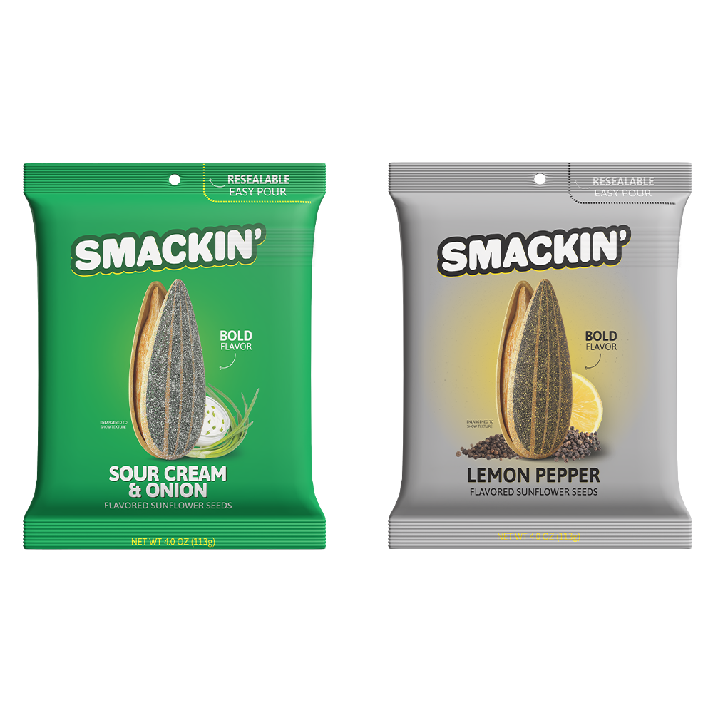 Product packaging showing two Smackin' flavored sunflower seed bags one green Sour Cream & Onion with green onions and sour cream and one grey Lemon Pepper with a lemon slice and peppercorns both featuring a large sunflower seed and resealable easy-pour top