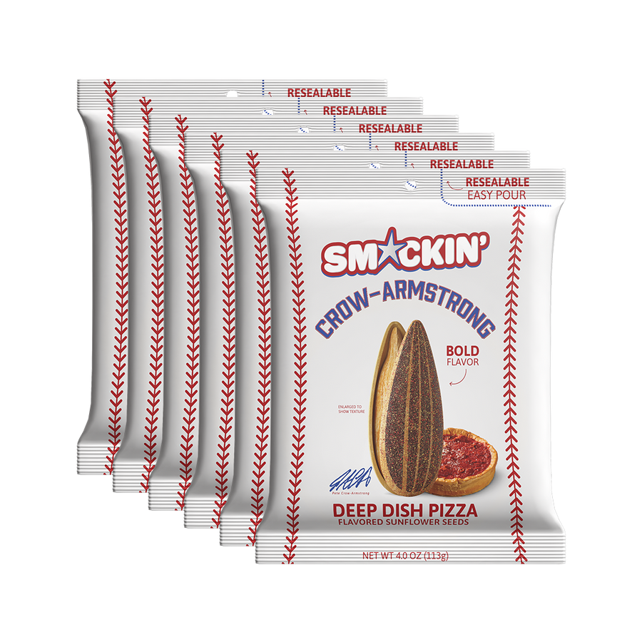 Product image by Smackin' Crow-Armstrong featuring six white resealable easy-pour bags of Deep Dish Pizza flavored sunflower seeds with red baseball stitching and Pete Crow-Armstrong's signature