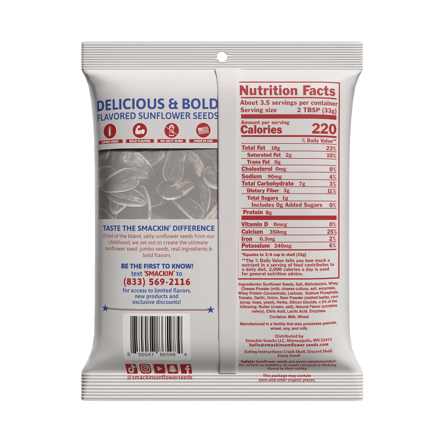 Product packaging by Smackin' Snacks showing a white bag of Delicious & Bold Flavored Sunflower Seeds with prominent blue text, a red Nutrition Facts label indicating 220 calories, a visual of striped sunflower seeds, and a "Made in USA" flag icon