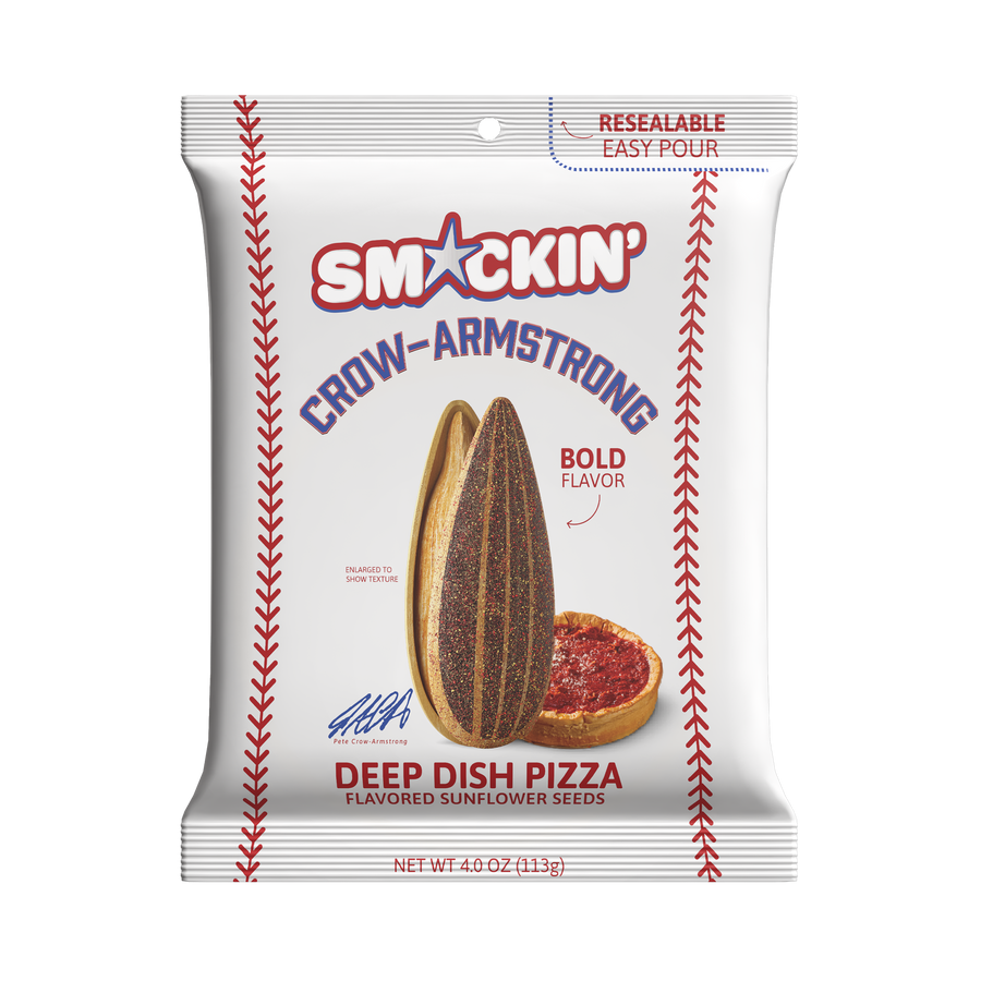 Product image of Smackin' Crow-Armstrong Deep Dish Pizza flavored sunflower seeds in a white bag with red baseball stitching, a resealable easy pour top, and graphics of an enlarged sunflower seed and a savory deep dish pizza slice