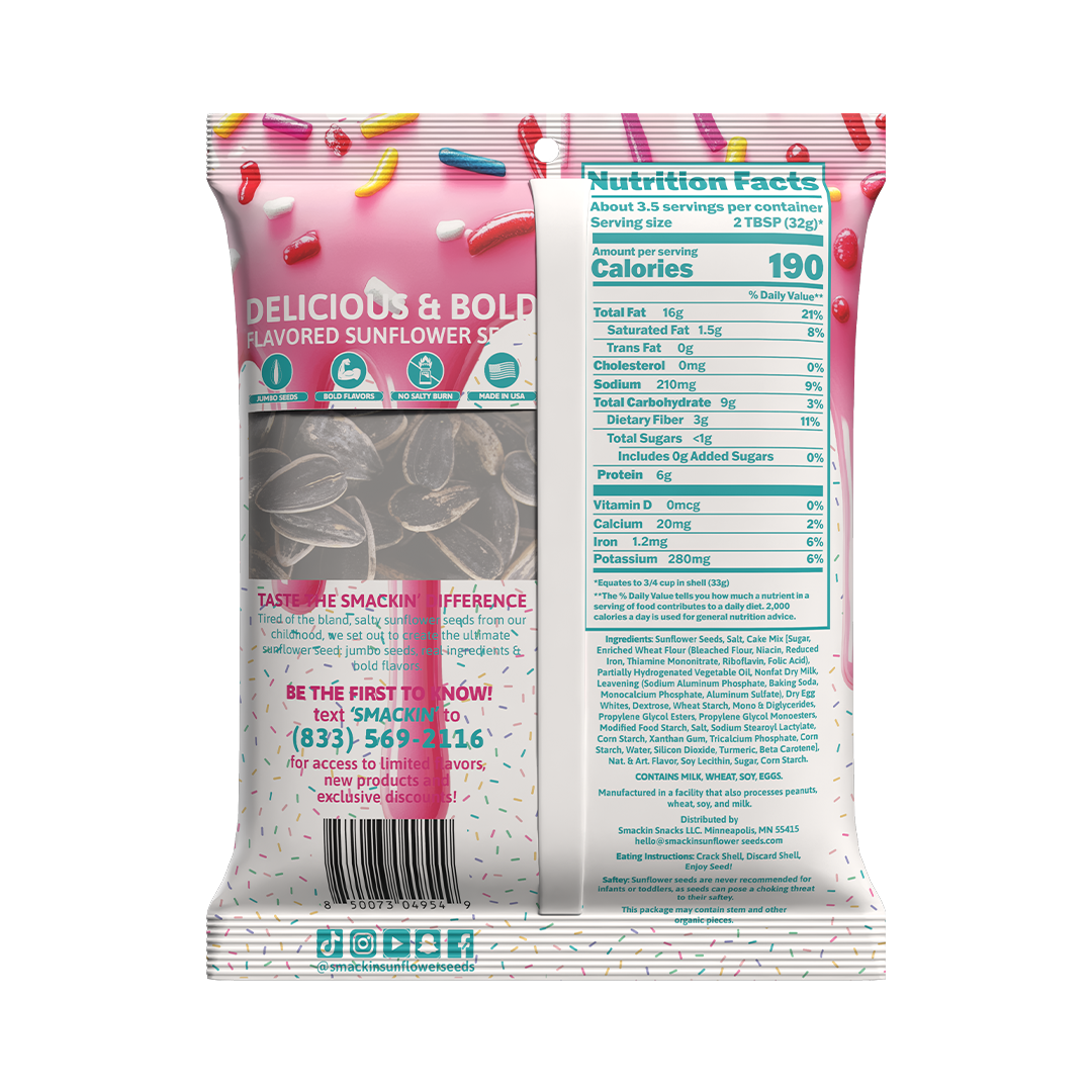 Product packaging of Smacksunflowerseeds, a vibrant pink bag of Delicious & Bold Flavored Sunflower Seeds adorned with colorful sprinkles, prominently featuring its Nutrition Facts label and promotional calls to action for Jumbo Seeds Bold Flavors and a phone number 833 569-2116