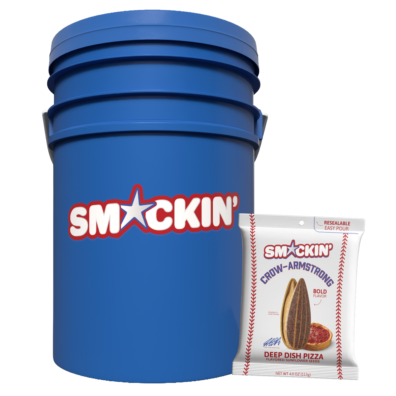 A large blue SmXckin' bucket with a white star logo stands beside a white pouch of SmXckin' Crow-Armstrong Deep Dish Pizza flavored sunflower seeds detailed with red baseball stitching