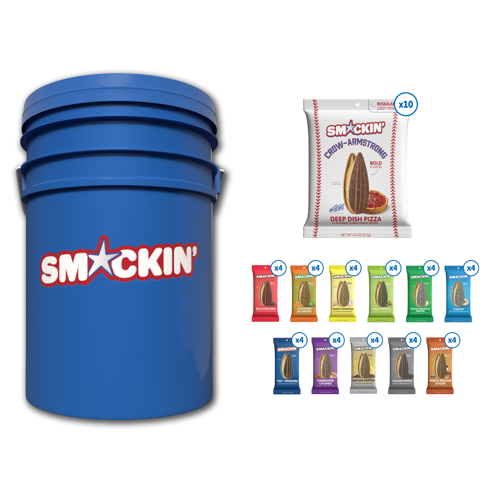A commercial image showing a large blue Smackin' brand bucket to the left, a single bag of Smackin' Deep Dish Pizza flavored sunflower seeds marked x10, and a grid display of colorful smaller bags showcasing various flavors like Cheddar Jalapeno and Cinnamon Churro