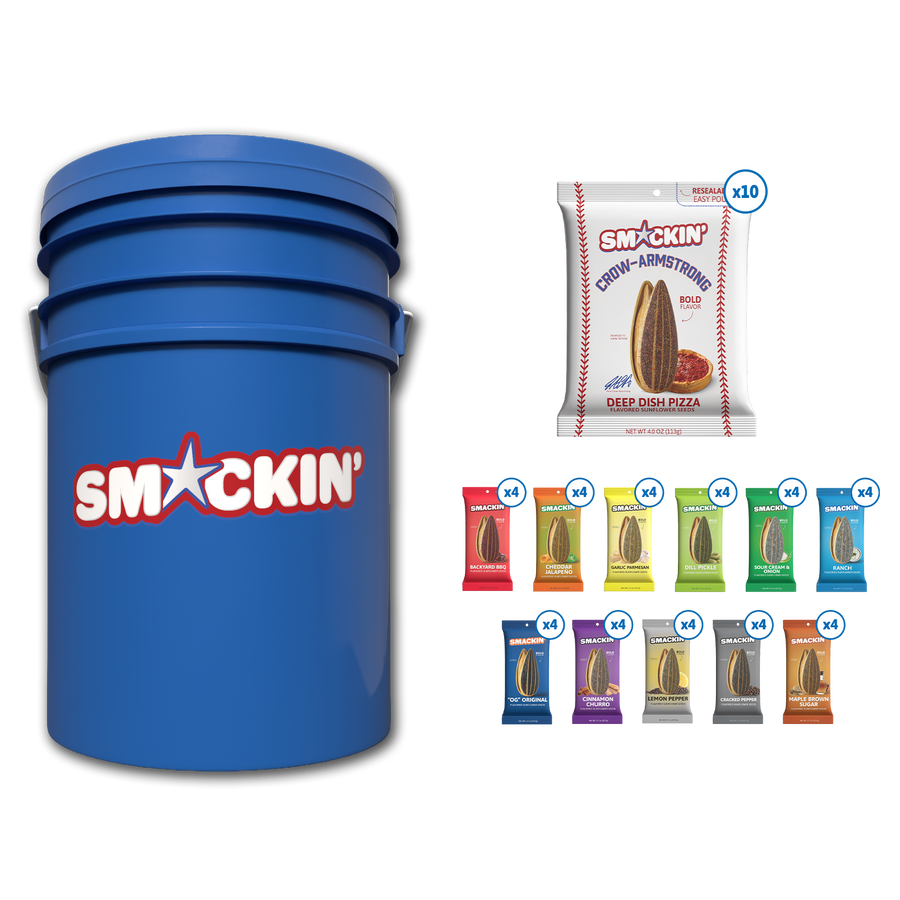 A commercial image showing a large blue Smackin' brand bucket to the left, a single bag of Smackin' Deep Dish Pizza flavored sunflower seeds marked x10, and a grid display of colorful smaller bags showcasing various flavors like Cheddar Jalapeno and Cinnamon Churro