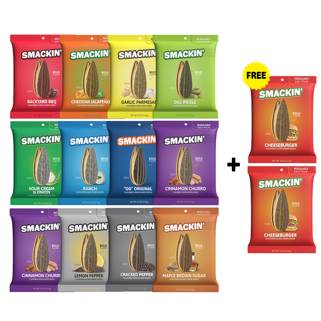 A diverse collection of Smakin' Flavored Sunflower Seeds featuring colorful resealable bags in flavors like Backyard BBQ Dill Pickle Cinnamon Churro and Lemon Pepper arranged in a grid with a separate "FREE" Cheeseburger bonus pack
