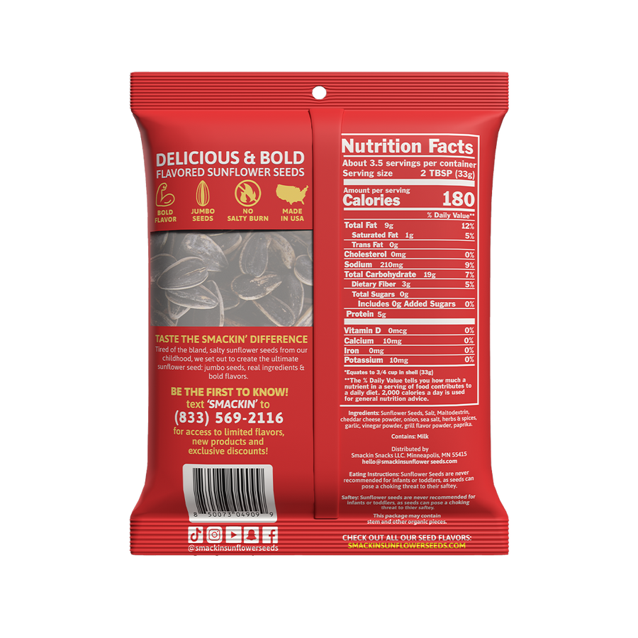 Product package of Smackin Snacks Delicious & Bold Flavored Sunflower Seeds featuring a vibrant red bag, a clear image of sunflower seeds in shells, and a nutrition facts label showing 180 calories