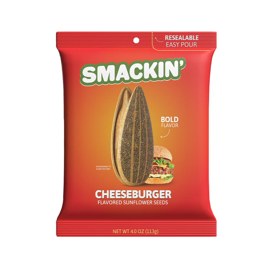Smackin' brand product photography a vibrant red resealable bag of Cheeseburger Flavored Sunflower Seeds on a white background featuring a bold green Smackin' logo a large split sunflower seed and an appetizing cheeseburger graphic