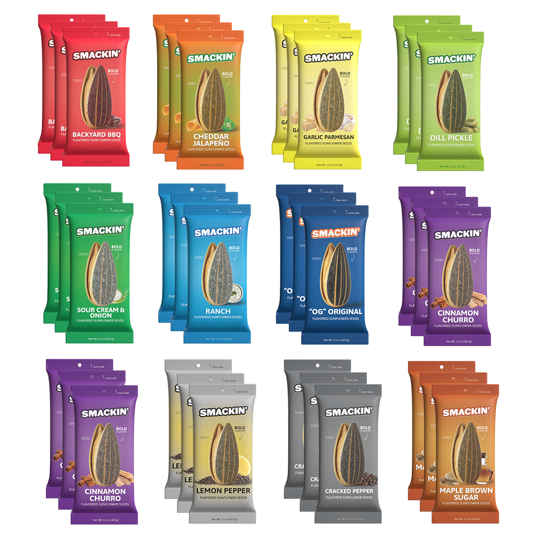 Product photography of a Smackin' BOLD flavored sunflower seeds variety pack displaying twelve different colorful bags with flavors such as Backyard BBQ Dill Pickle and Cinnamon Churro