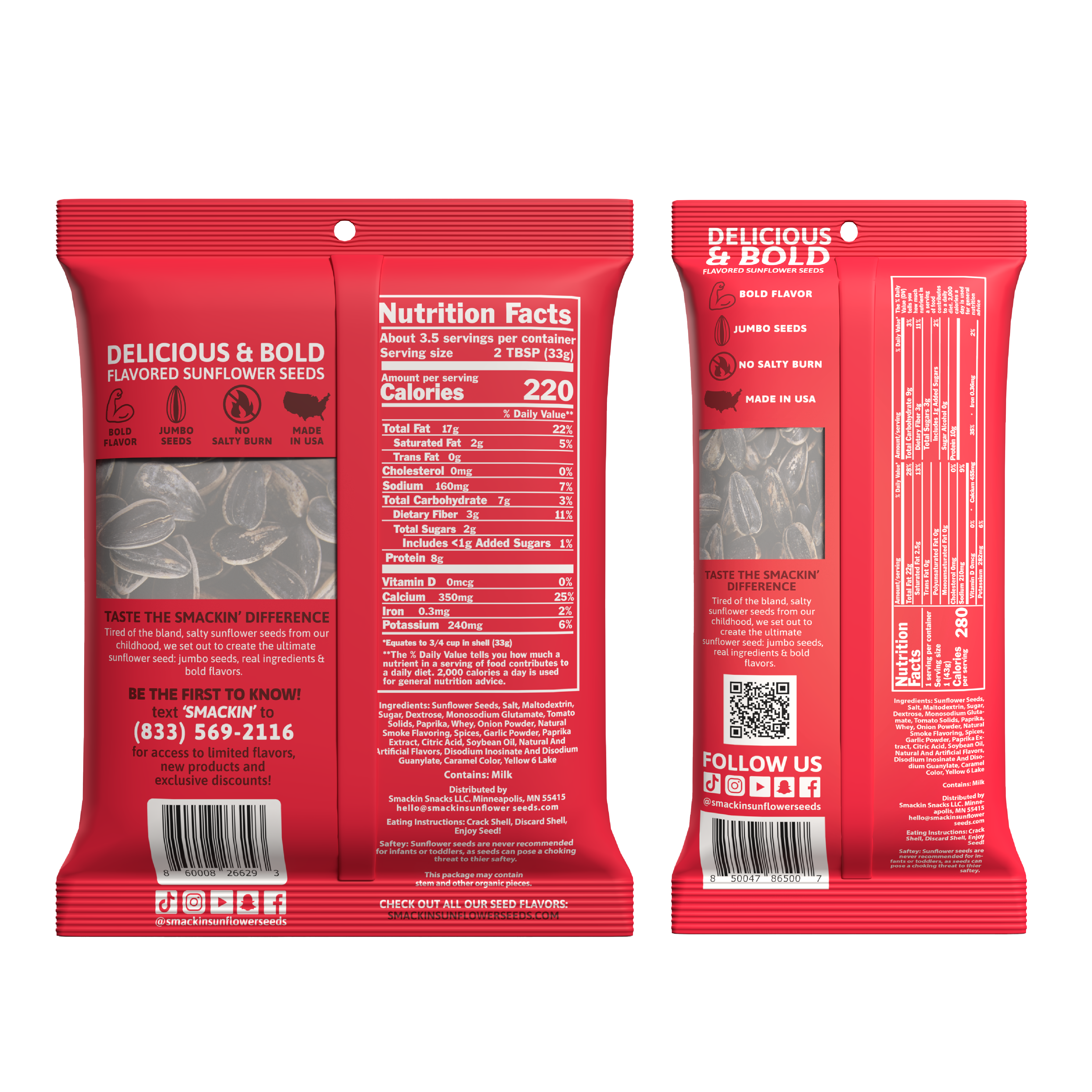 Product photography of two vibrant red Smackin' Delicious & Bold flavored sunflower seed bags, the front bag featuring a clear window of jumbo seeds and 'Made in USA' text, the side view bag displaying detailed nutrition facts and social media icons