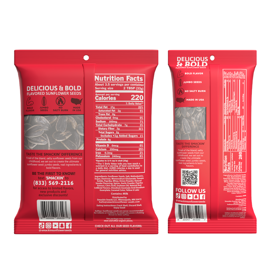 Product photography of two vibrant red Smackin' Delicious & Bold flavored sunflower seed bags, the front bag featuring a clear window of jumbo seeds and 'Made in USA' text, the side view bag displaying detailed nutrition facts and social media icons