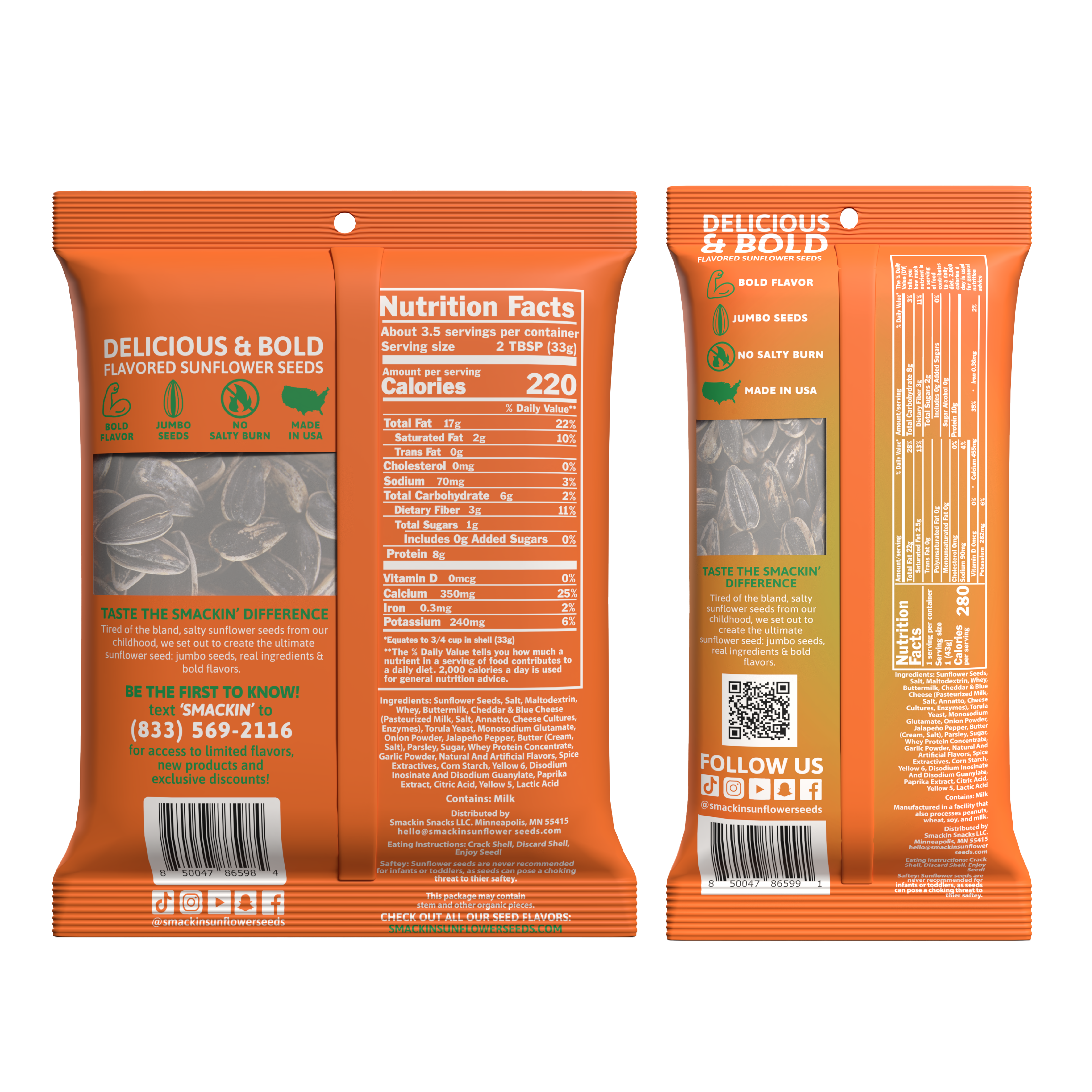 Product photo of an orange Delicious & Bold Flavored Sunflower Seeds bag showing jumbo roasted seeds through a clear window with bold flavor, jumbo seeds, no salty burn, and made in USA icons, a Nutrition Facts panel displaying 220 calories, and social media logos like TikTok and Instagram