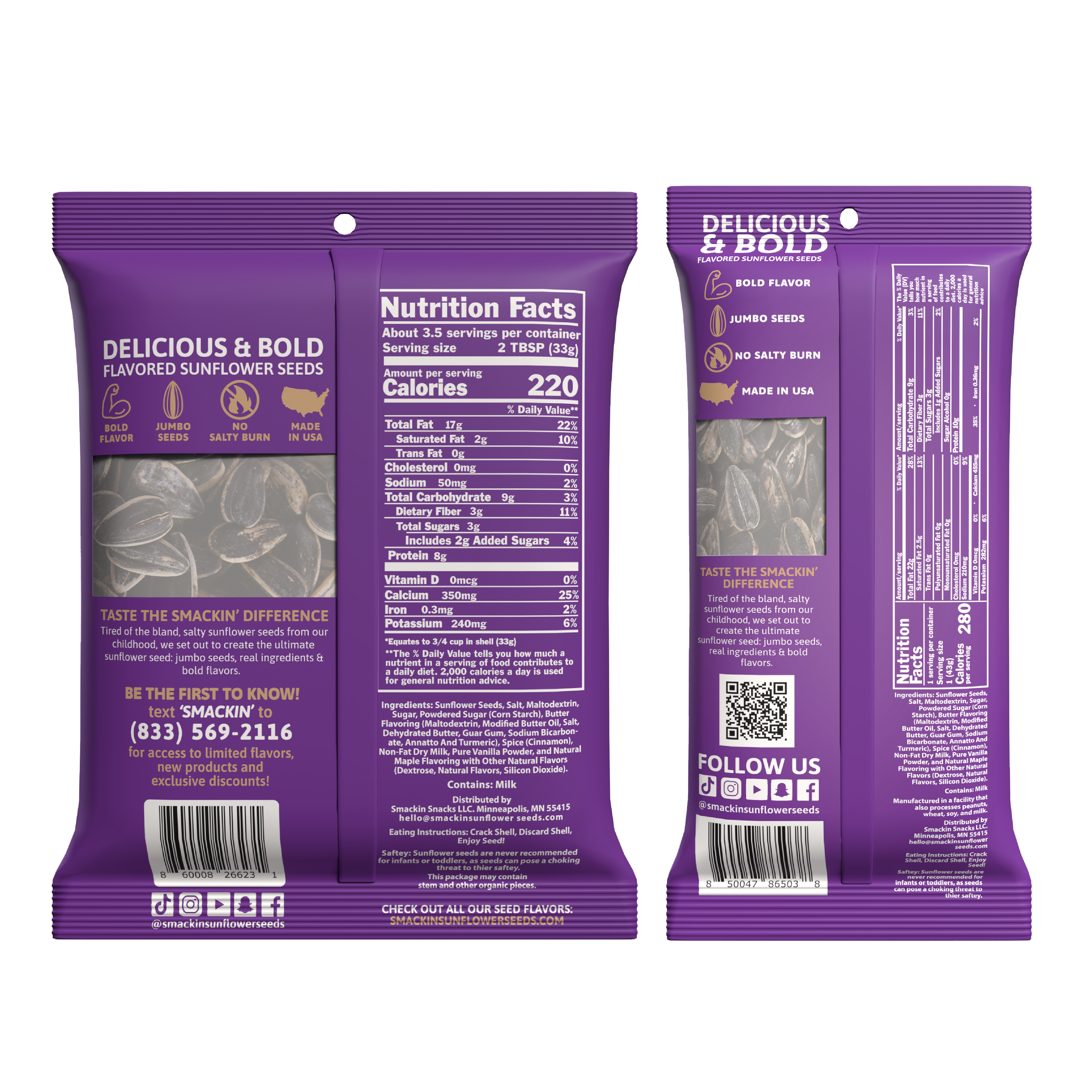 Digital illustration of two Smackin' Delicious & Bold flavored sunflower seed bags, one displaying the bright purple front with a clear window of jumbo seeds and 'Made in USA' icon, the other presenting the back with detailed nutrition facts and social media icons