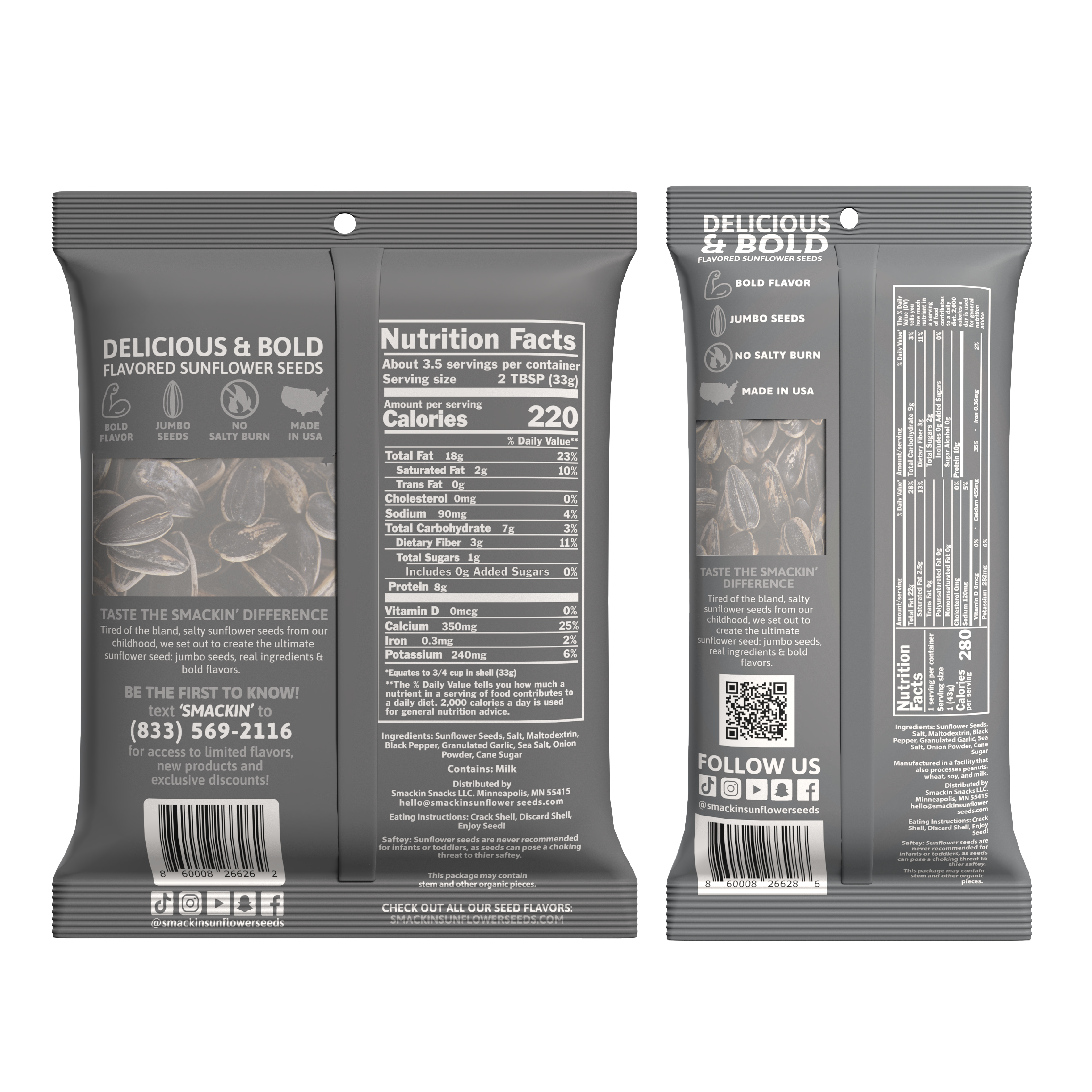 Two dark grey matte pouches of Delicious & Bold flavored sunflower seeds are displayed upright, featuring white brand text, detailed nutrition facts, a barcode, and social media icons