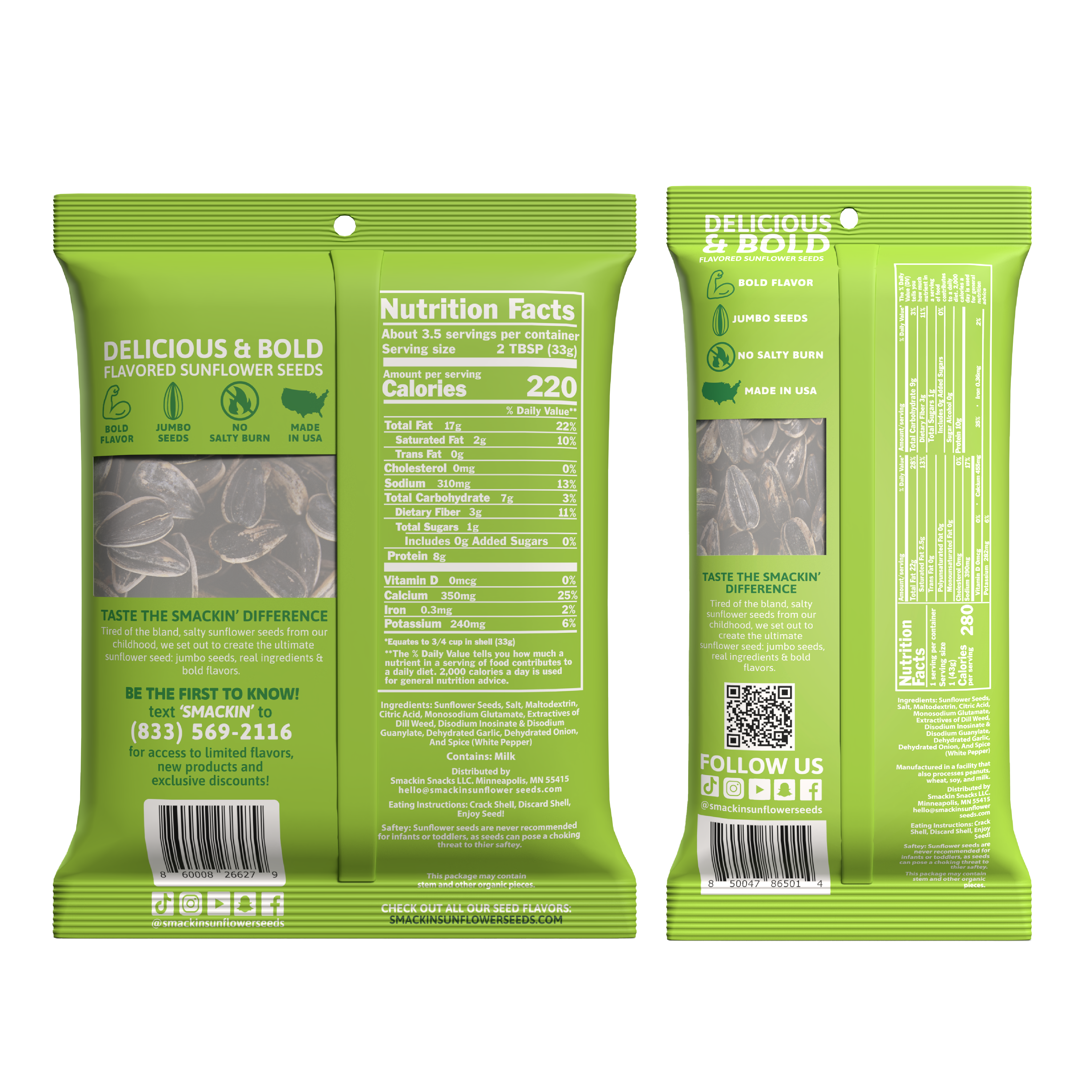 Product photography of two vertical lime green packages of Delicious & Bold Flavored Sunflower Seeds on a white background, featuring a clear window revealing black and white jumbo seeds, detailed nutrition facts, and social media icons including TikTok and Instagram