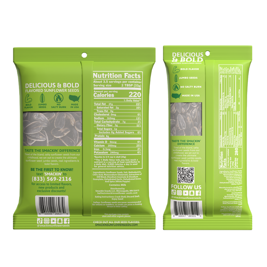 Product photography of two vertical lime green packages of Delicious & Bold Flavored Sunflower Seeds on a white background, featuring a clear window revealing black and white jumbo seeds, detailed nutrition facts, and social media icons including TikTok and Instagram
