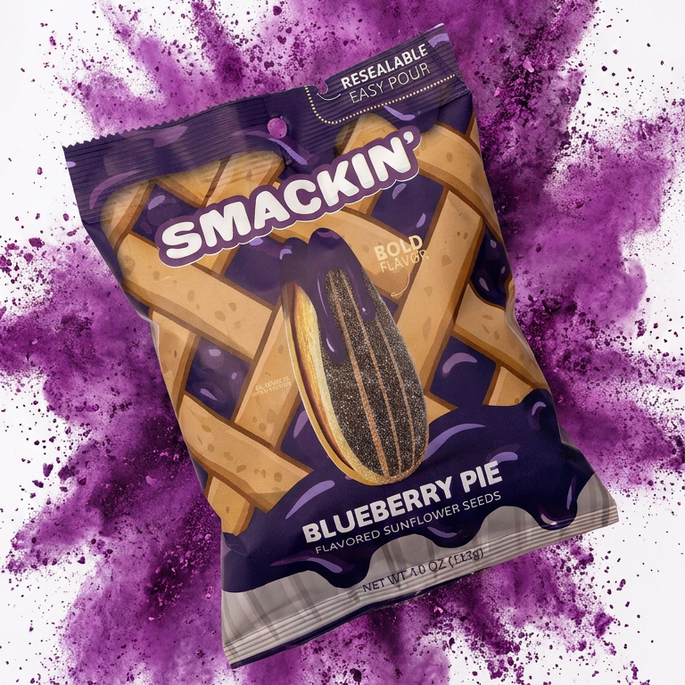 Promotional graphic for SMACKIN' 2 FREE BLUEBERRY PIE Bags 12 Bag Variety Pack