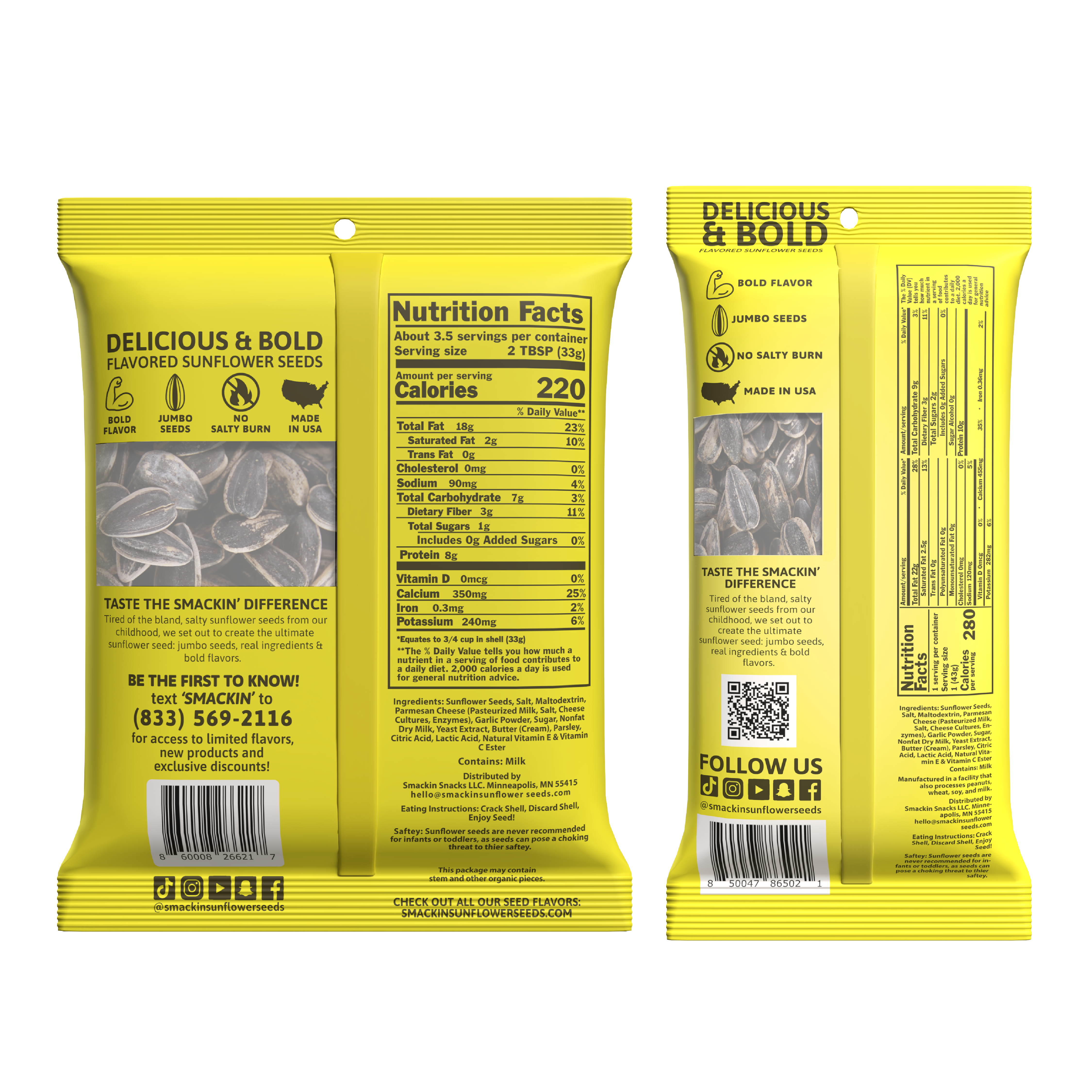 Two bright yellow Delicious & Bold flavored sunflower seed pouches, one displaying a clear window of jumbo seeds and a Made in USA icon with 220 calories nutrition facts, the other showing a QR code, social media icons, and 280 calories nutrition facts