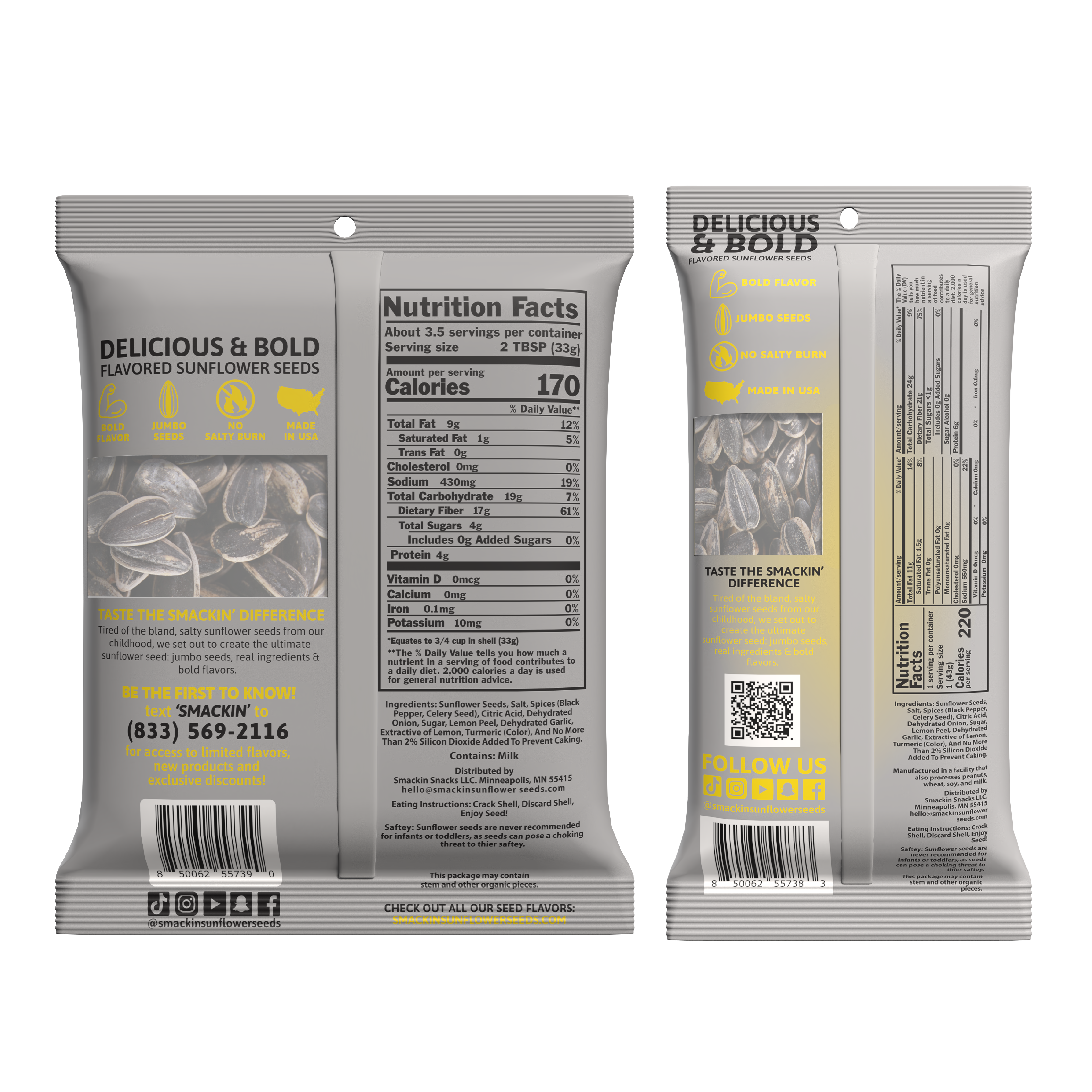 Product image of two gray and yellow Delicious & Bold flavored sunflower seed packages, the front displaying jumbo seeds, a Made in USA map icon, and Nutrition Facts listing 170 calories, while the back features a QR code and @smackinsunflowerseeds social media handles