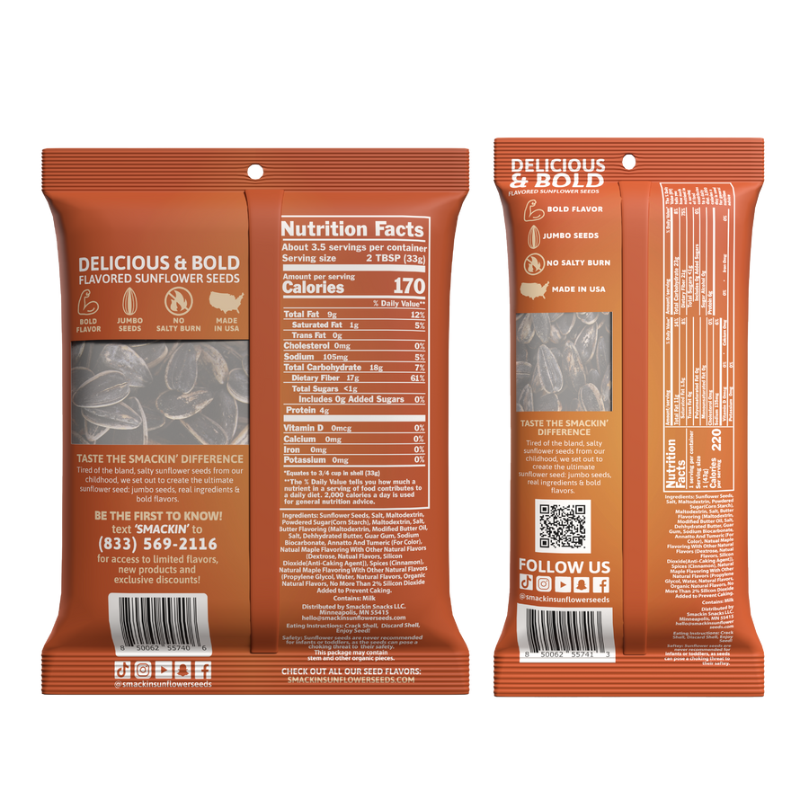 Smackin' Sunflower Seeds product package displaying the front and back of a vibrant reddish-brown bag of Delicious & Bold Flavored Sunflower Seeds on a white background with prominent "Bold Flavor" and "Jumbo Seeds" icons and a detailed "Nutrition Facts" panel