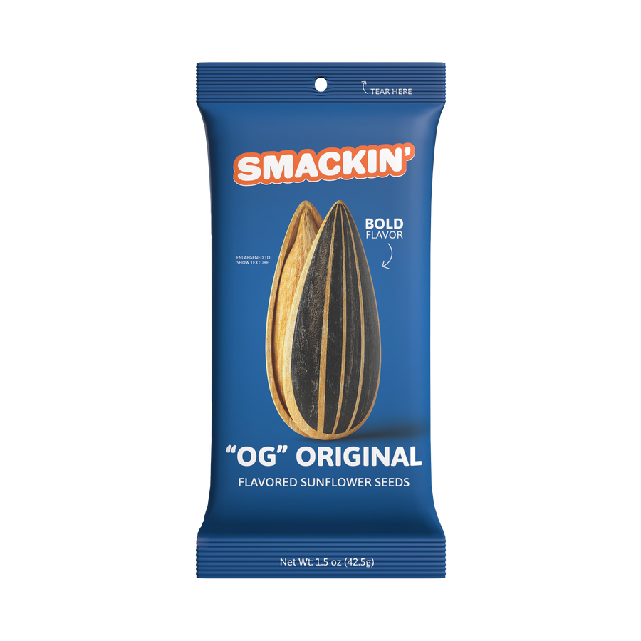 Smackin' brand product packaging for OG Original flavored sunflower seeds featuring a dark blue bag with an orange logo and two enlarged sunflower seeds showing texture