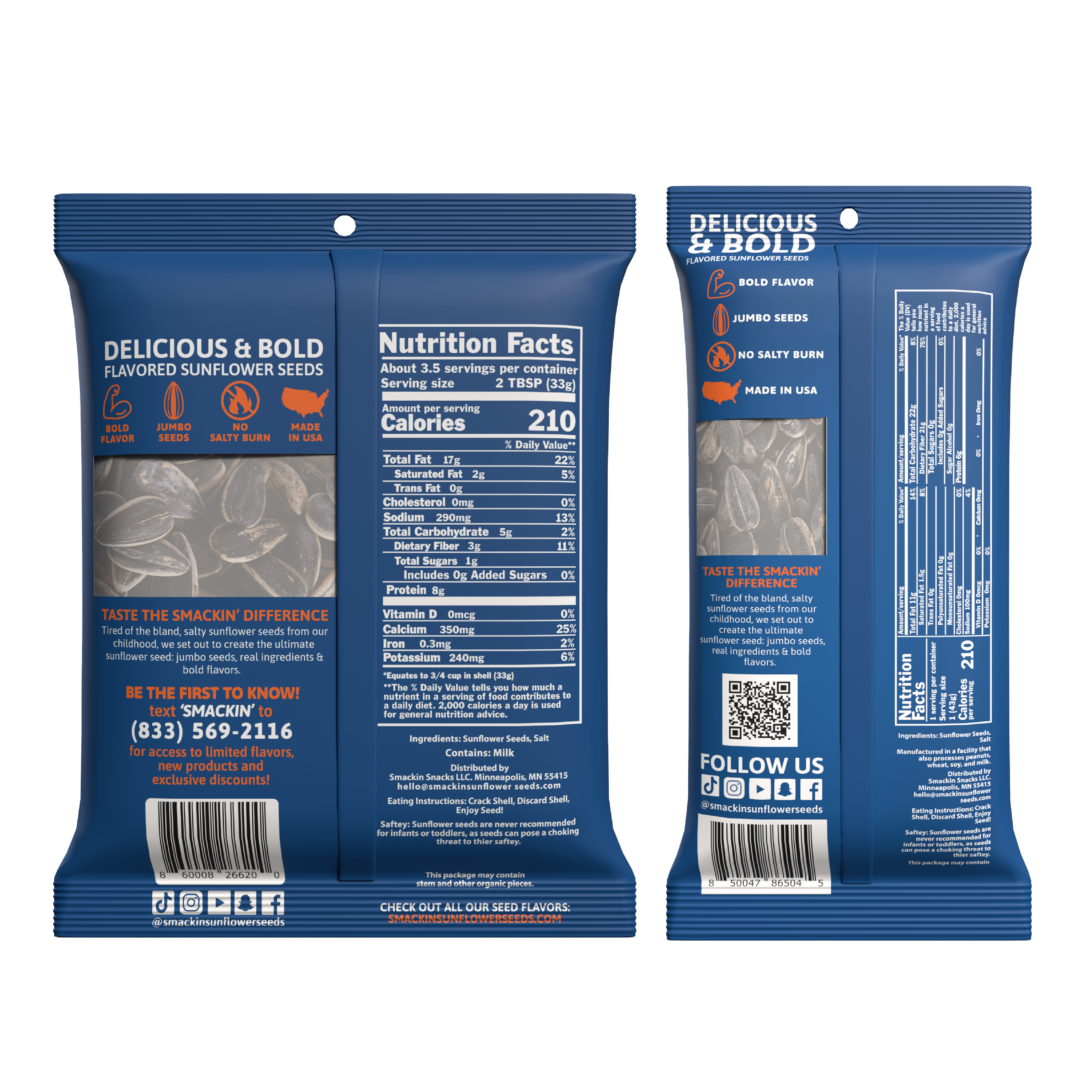Product Photography of two dark blue bags of Delicious & Bold Flavored Sunflower Seeds, featuring clear windows revealing jumbo seeds, detailed nutrition facts displaying 210 calories, and a vibrant orange Made in USA map icon