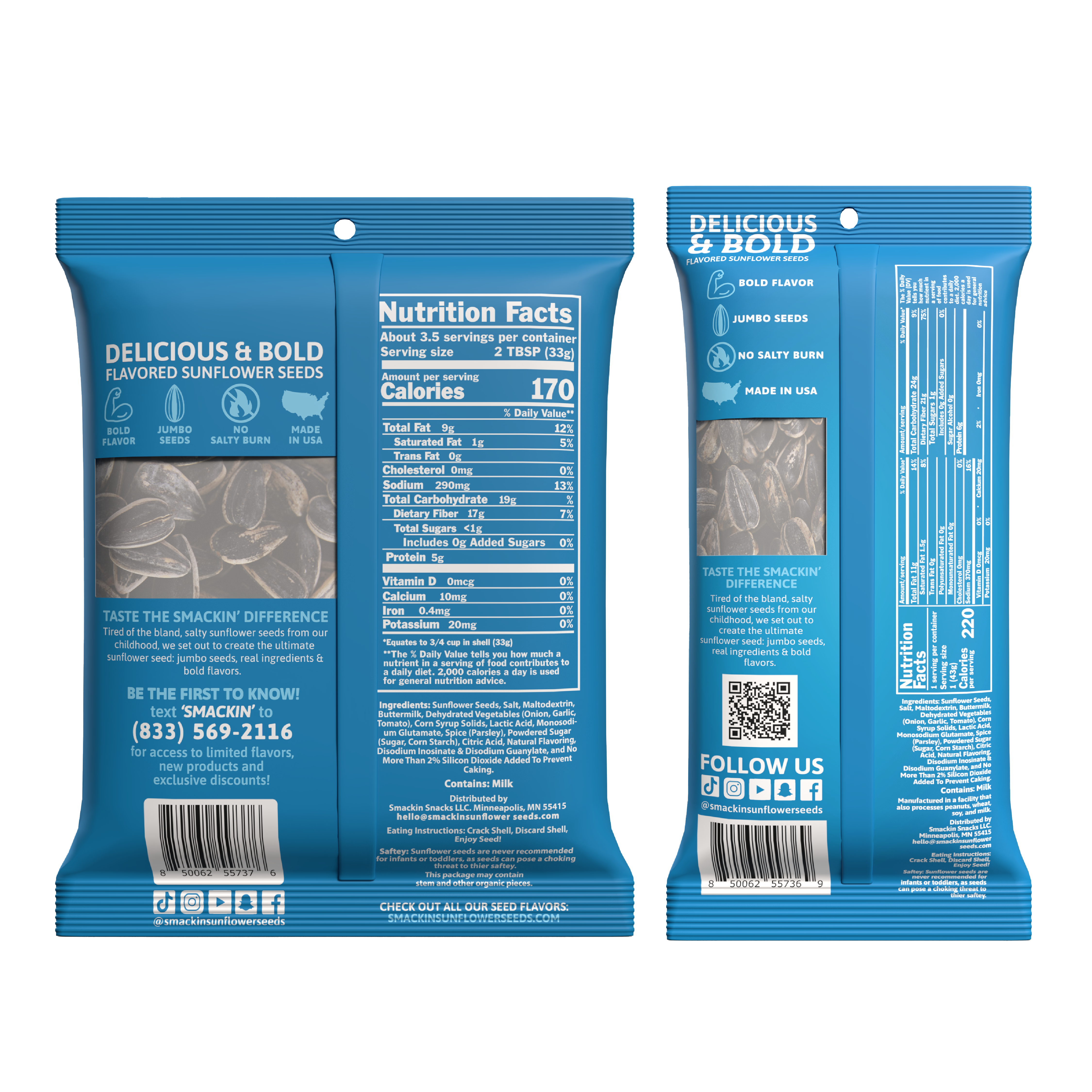 Vibrant blue Smackin' Snacks Delicious & Bold Flavored Sunflower Seeds package with a window displaying jumbo seeds, prominently highlighting 170 calories and Made in USA