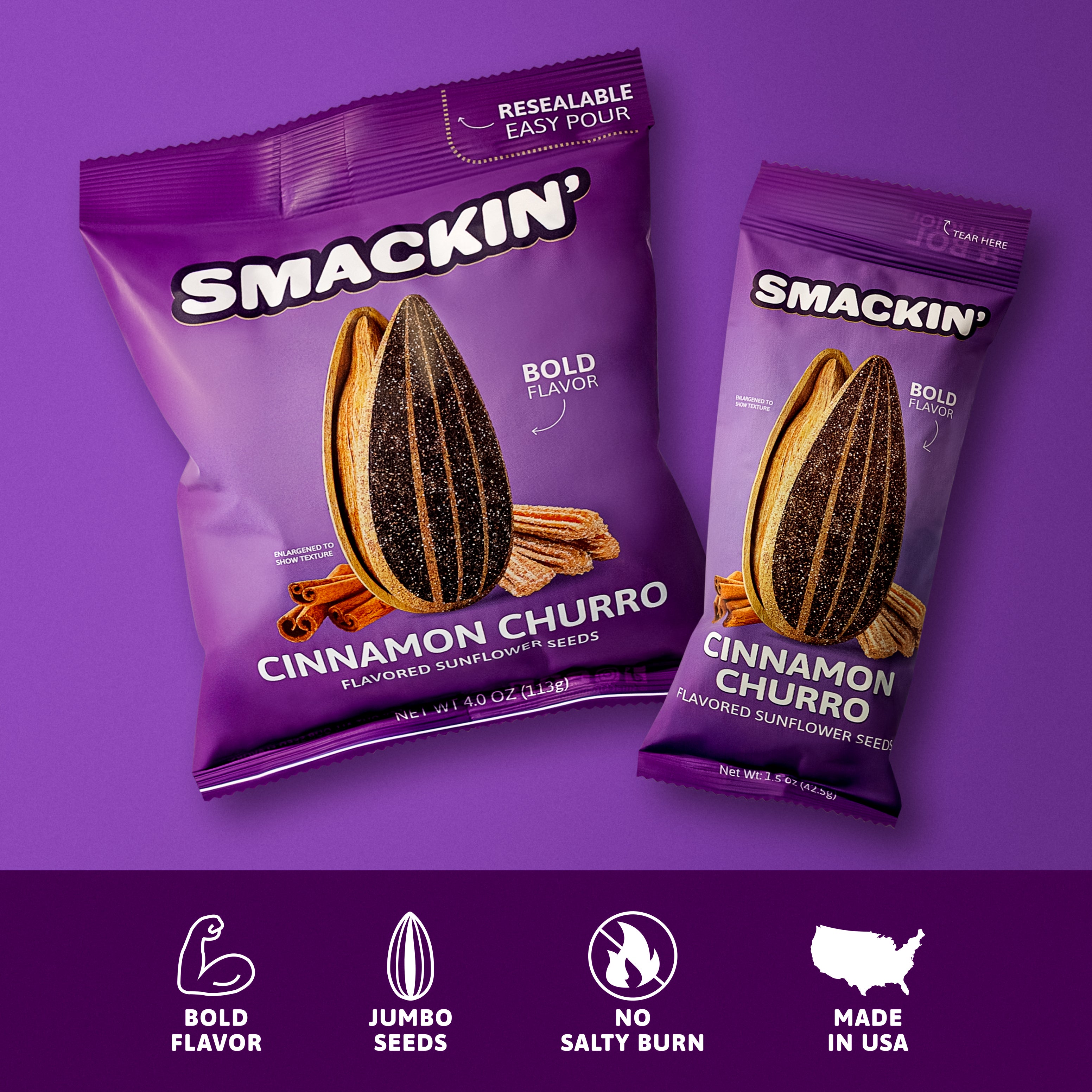 Product photography of two purple Smackin' Cinnamon Churro flavored sunflower seed bags, one large and one smaller snack size, featuring cinnamon sticks, a sunflower seed, and labels like 'Bold Flavor,' 'Jumbo Seeds,' and 'Made in USA' all on a striking purple background