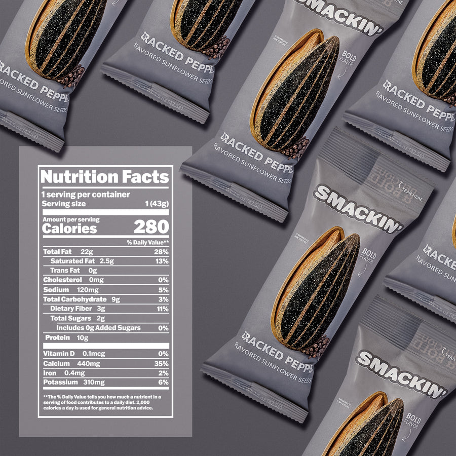 Product photograph displaying a pattern of gray Smackin' Cracked Pepper Flavored Sunflower Seeds bags, each with a vibrant yellow and black cracked sunflower seed graphic showing pepper specks and a "Bold Flavor" arrow, accompanied by a white nutrition facts label highlighting 280 calories and 10g protein