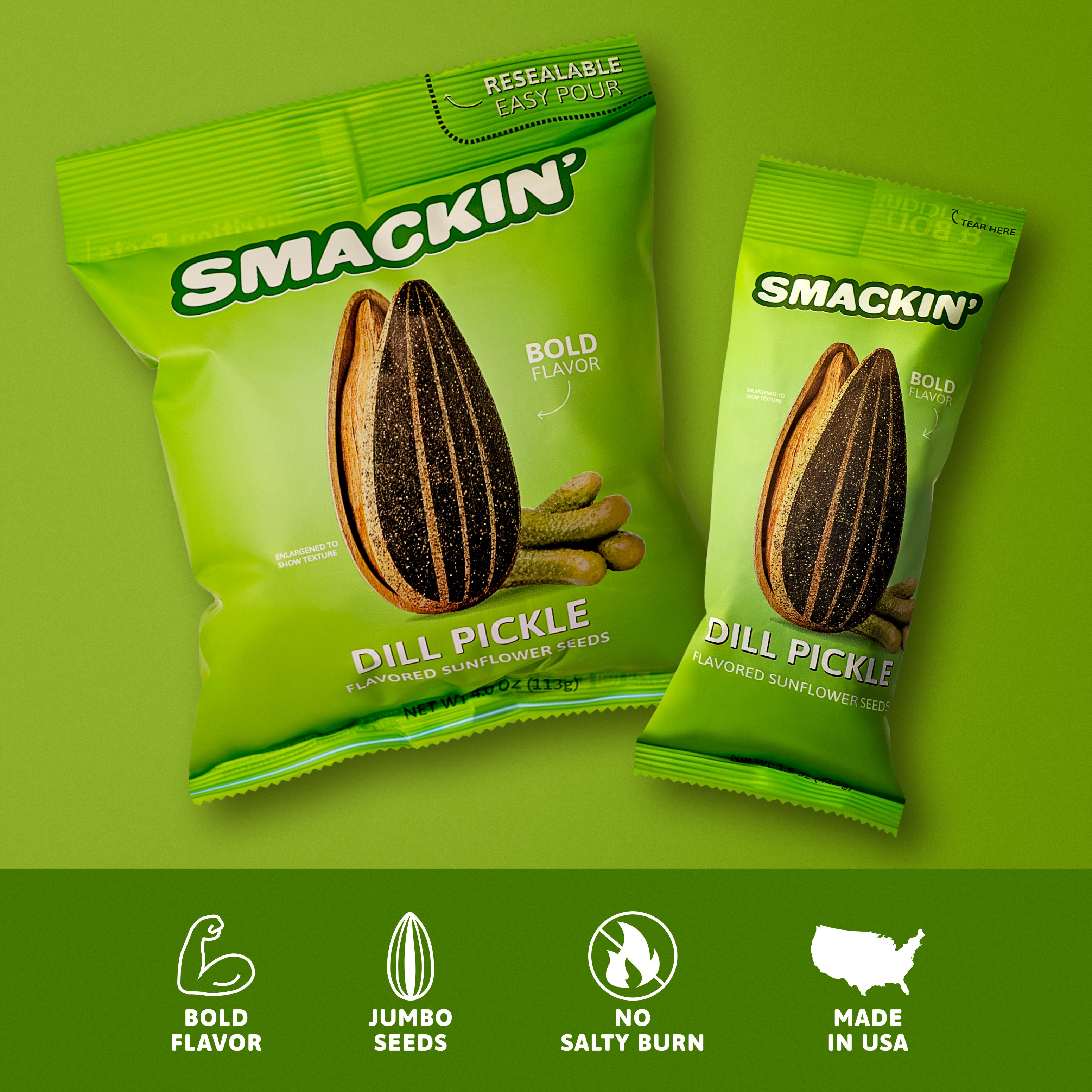 Two vibrant lime green Smakin Dill Pickle Flavored Sunflower Seeds bags, a larger resealable one and a smaller bag, both featuring jumbo sunflower seeds, dill pickles, and bold flavor, against a solid green background with jumbo seeds and Made in USA icons
