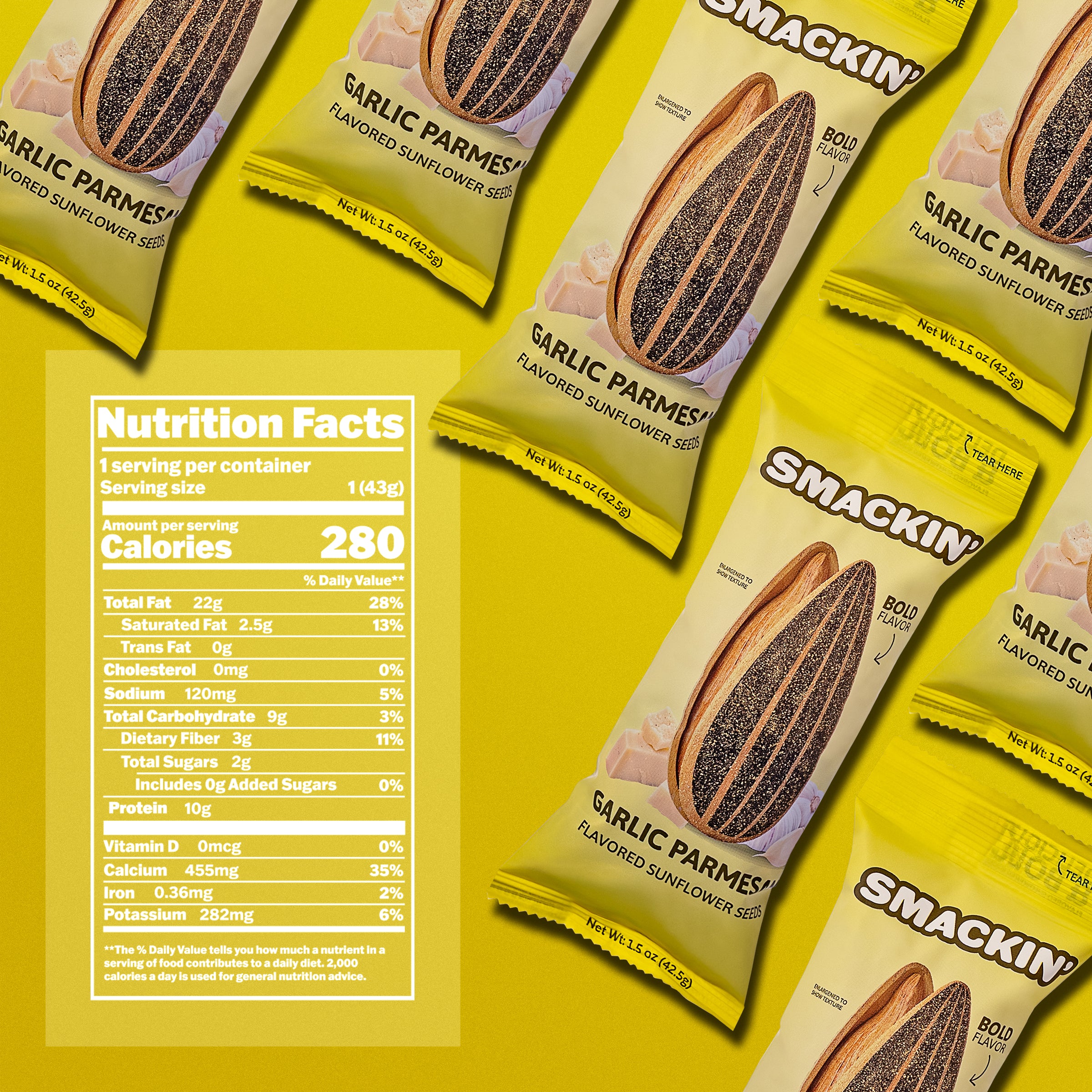 Product photography showing multiple bright yellow Smackin' Garlic Parmesan Flavored Sunflower Seeds packages with a sunflower seed pod graphic, garlic cloves, parmesan cheese, and a visible Nutrition Facts label against a vivid yellow background