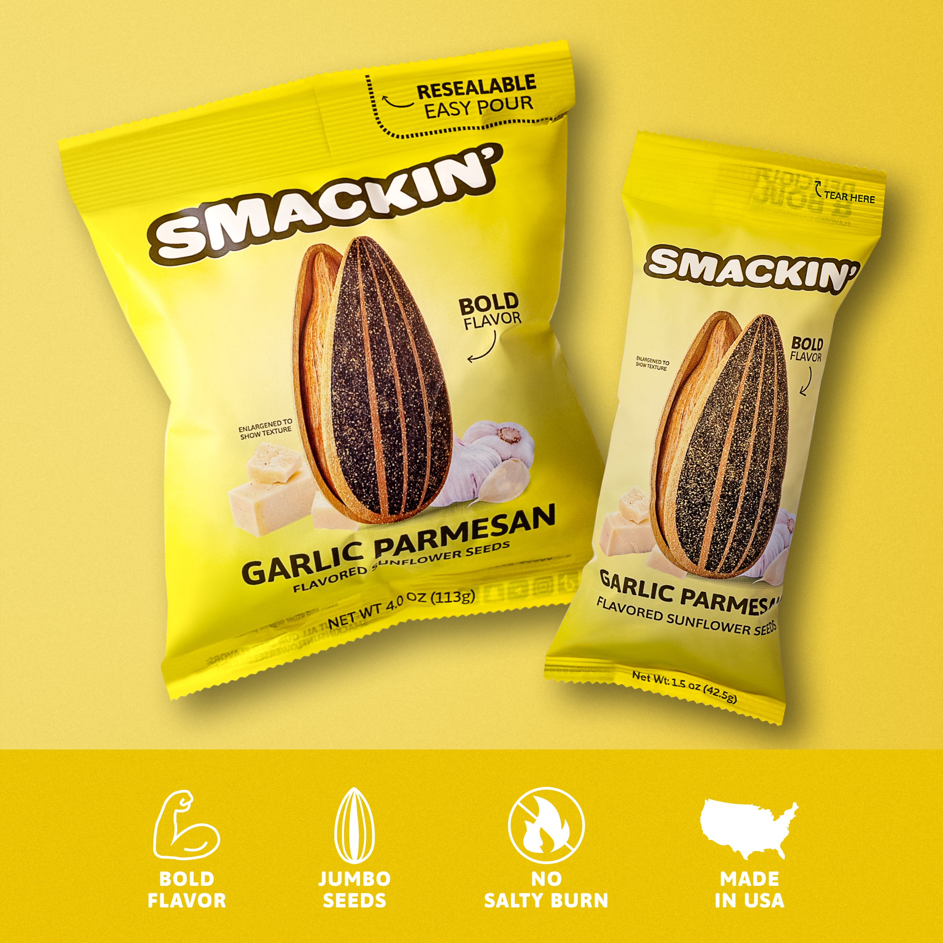 Product photography of two yellow Smackin' Garlic Parmesan flavored sunflower seed bags in large and small sizes, featuring an enlarged seed graphic with garlic and parmesan illustrations and a resealable easy pour top