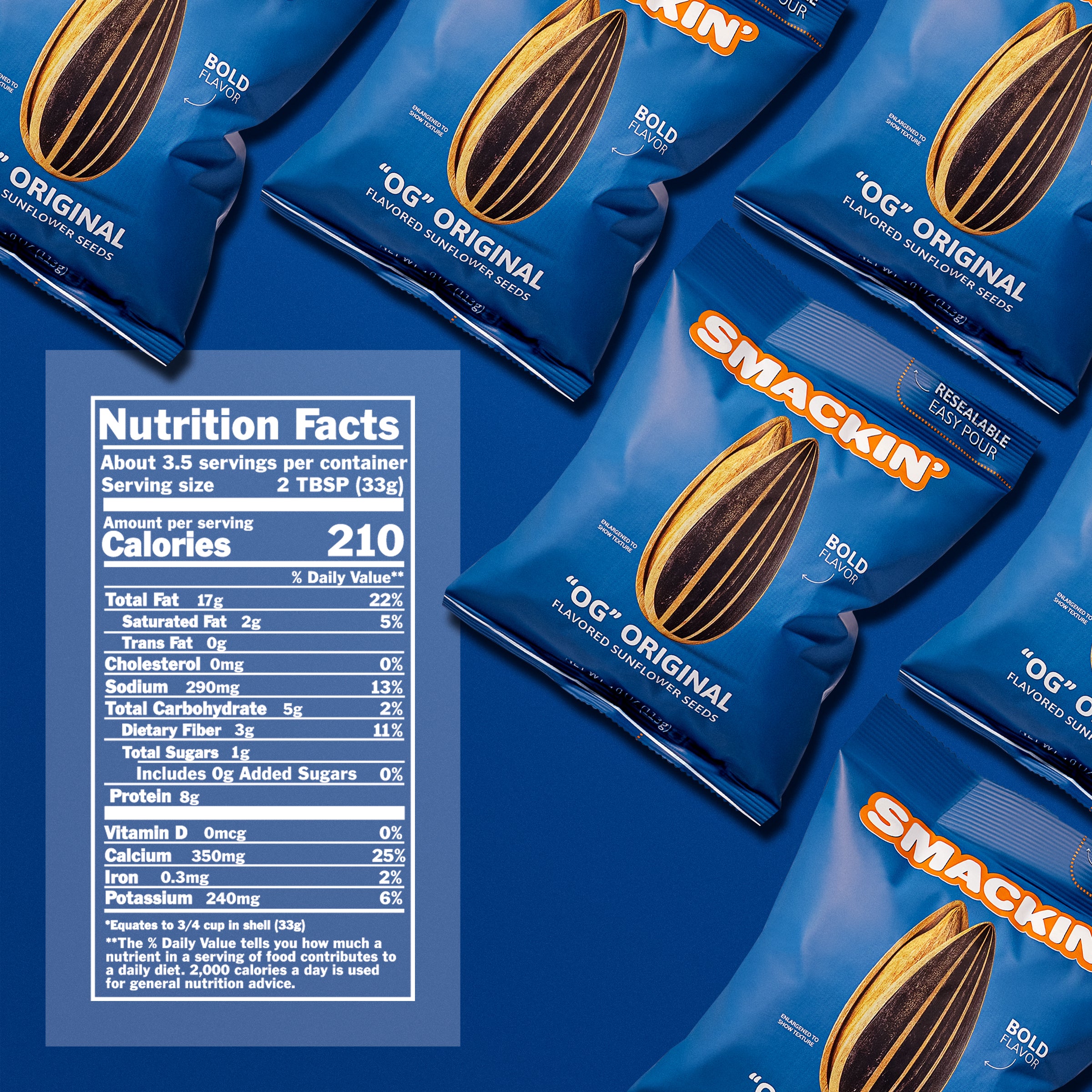 Product photography showcasing multiple Smackin' OG Original Flavored Sunflower Seeds bags with vibrant blue packaging featuring orange branding, an enlarged striped sunflower seed illustration, and a highlighted resealable easy-pour top, all arranged on a royal blue surface alongside a detailed white nutrition facts label