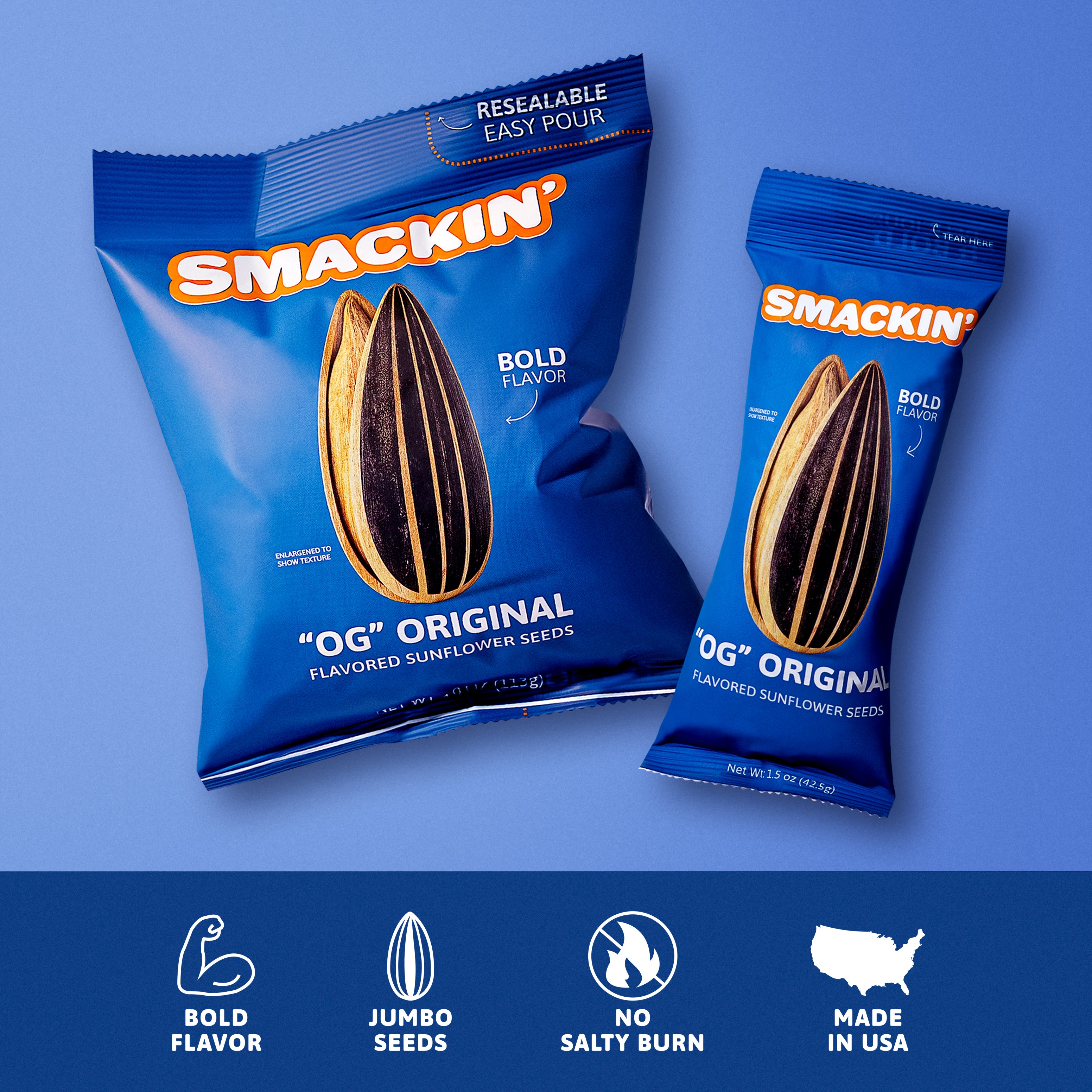 Two Smackin' OG Original Flavored Sunflower Seeds bags, one large resealable easy-pour and one snack-sized, feature a prominent sunflower seed image and orange branding on a vibrant blue background, with icons highlighting Jumbo Seeds, No Salty Burn, and Made in USA