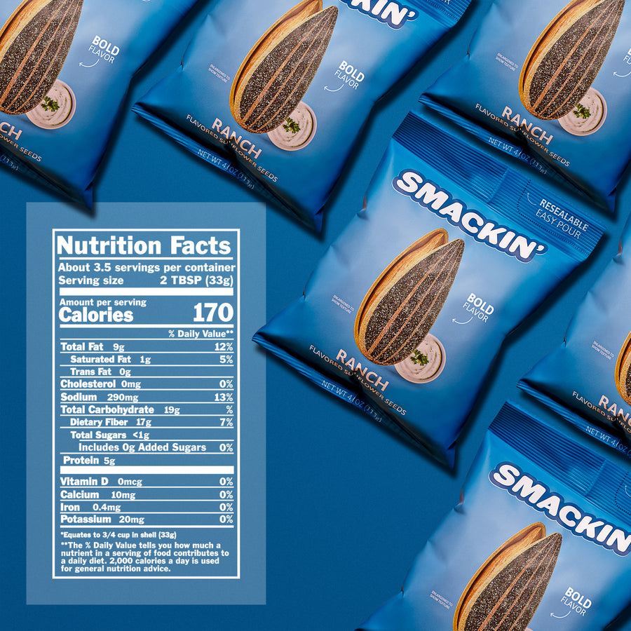 Multiple vibrant blue Smakin' Ranch Flavored Sunflower Seeds bags featuring a large textured sunflower seed graphic, a small ranch dressing dish, 'Bold Flavor' and 'Resealable Easy Pour' text, alongside an overlaid nutrition facts panel, are displayed on a blue background