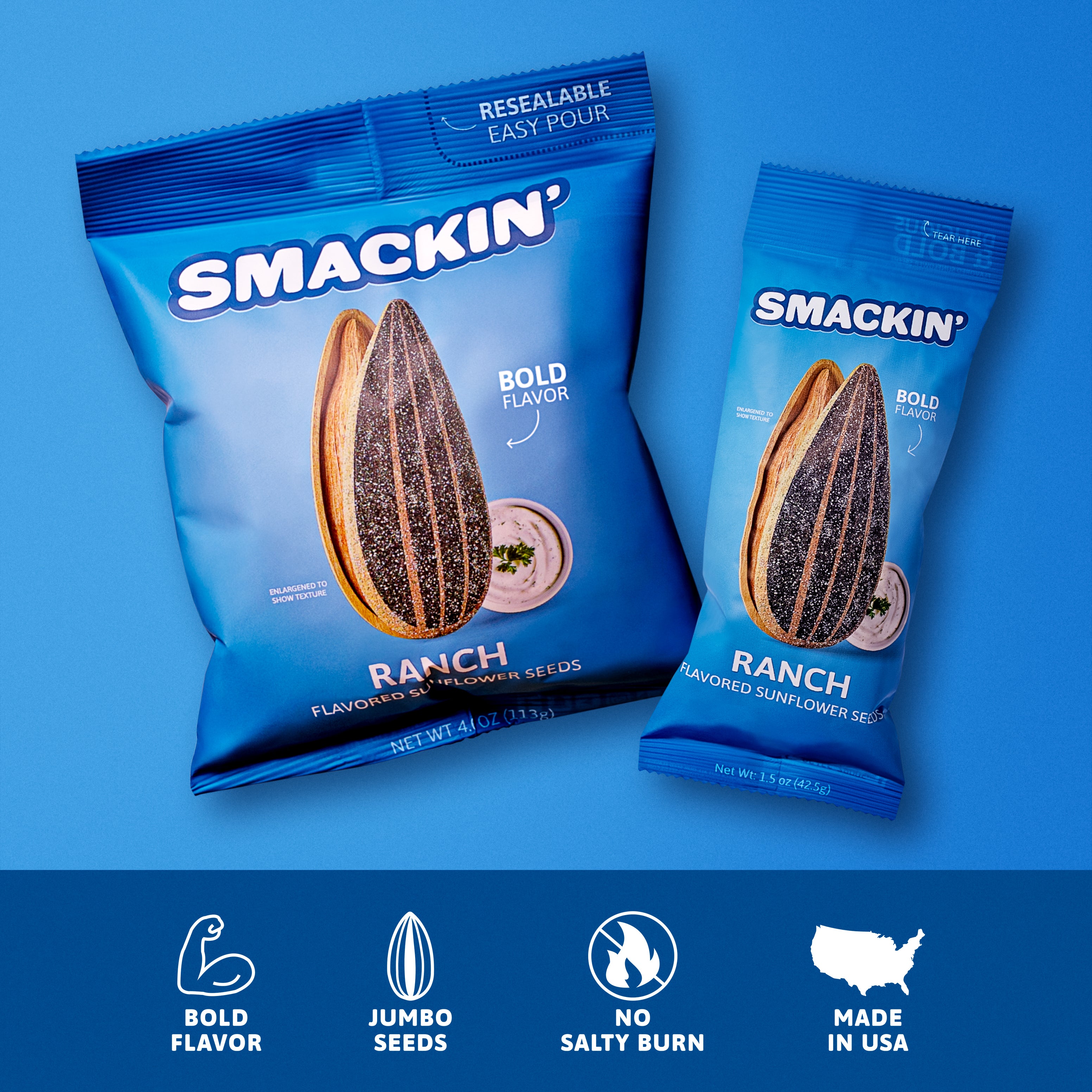 Photograph of two blue Smackin' Ranch flavored sunflower seed bags, one large 4oz and one small 1.5oz, displayed on a bright blue background, detailed with an enlarged sunflower seed, a small bowl of ranch dip, and callouts for Resealable Easy Pour, Jumbo Seeds, and Bold Flavor