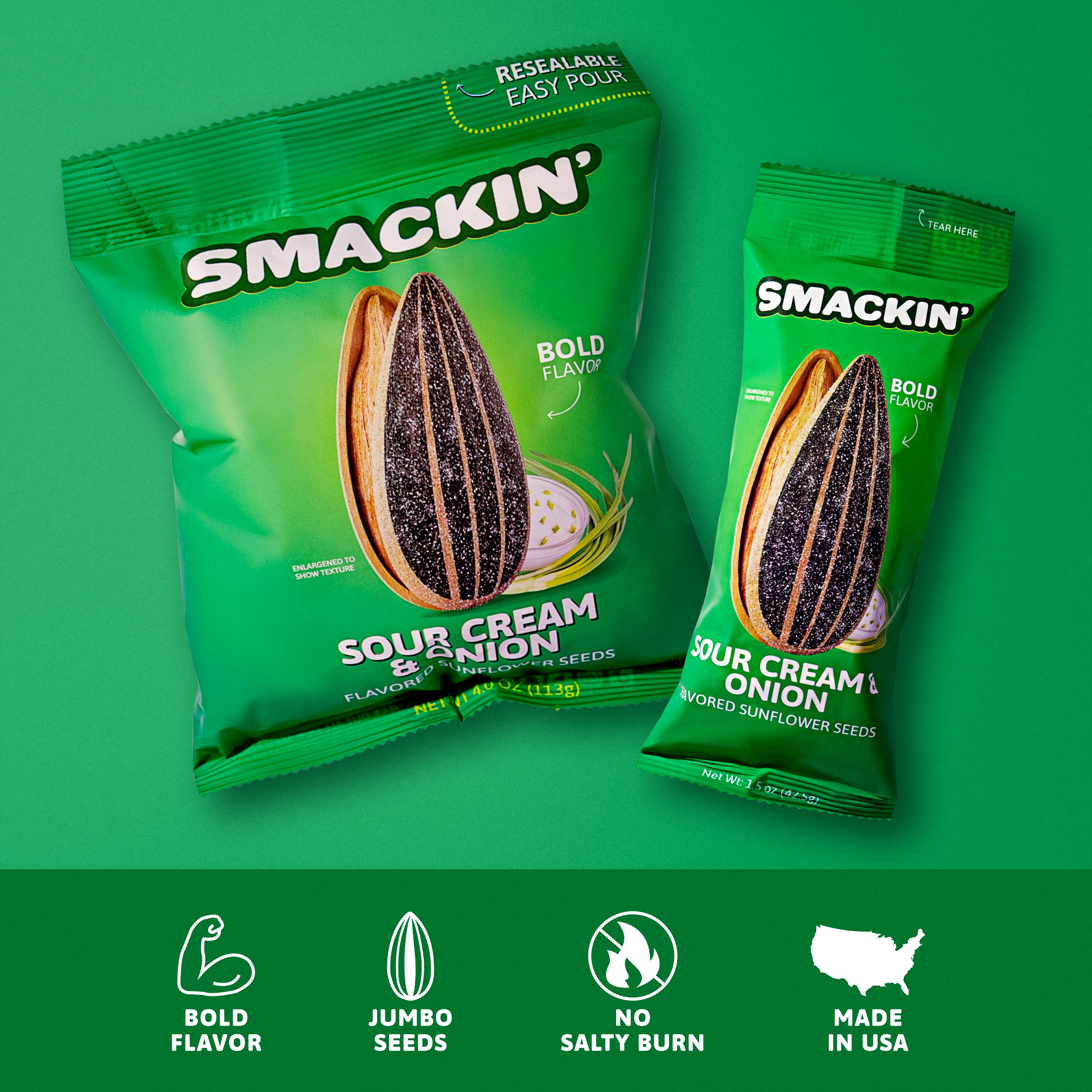 Product photography of two bright green Smackin' Sour Cream & Onion flavored sunflower seed bags, one large resealable and one snack-sized, on a solid green background, highlighting bold flavor, jumbo seeds, and a Made in USA icon