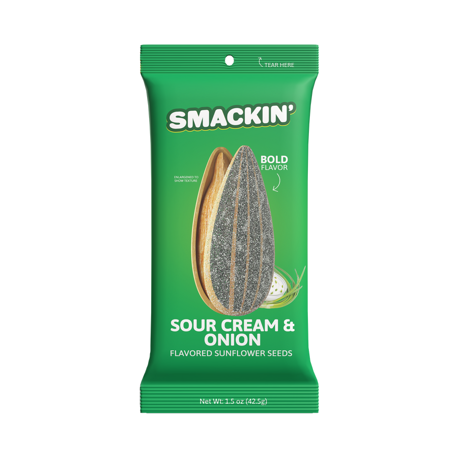 Green Smackin' Sour Cream & Onion Flavored Sunflower Seeds packet showing a large split sunflower seed covered in white and green seasoning with a small bowl of sour cream and chives and Bold Flavor text