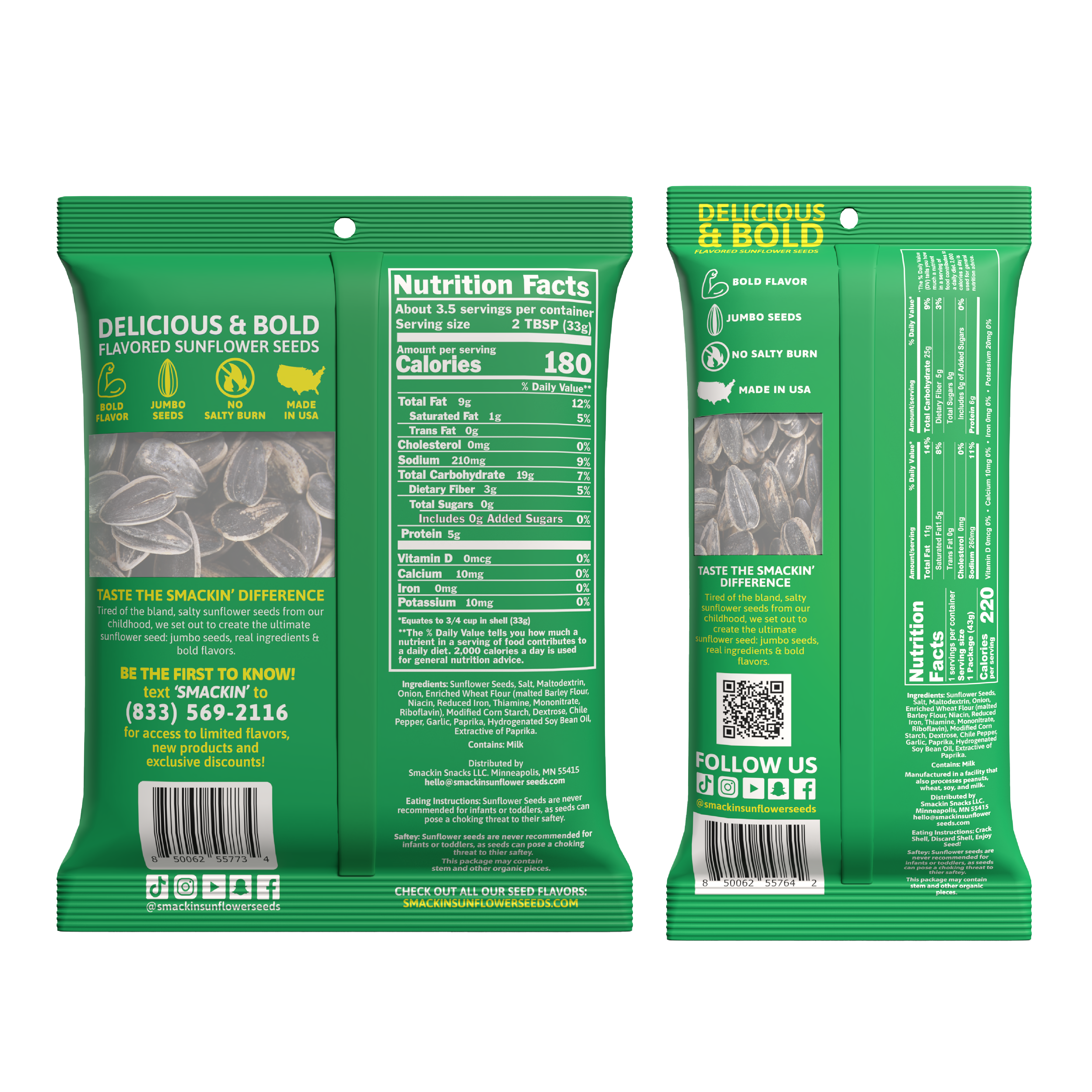 Product photo of two vibrant green Smakin' Delicious & Bold Flavored Sunflower Seeds packets with yellow branding, one displaying a clear window of jumbo seeds and a 'No Salty Burn' icon, the other detailing nutritional information and social media handles