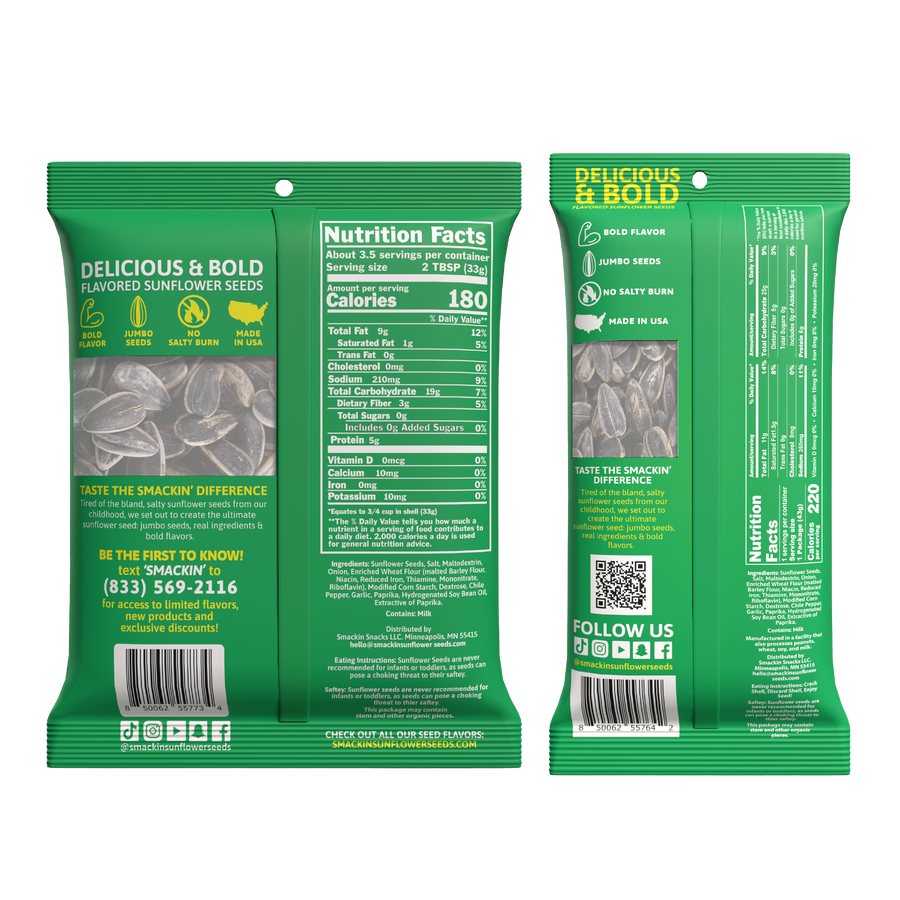 Product photo of two vibrant green Smakin' Delicious & Bold Flavored Sunflower Seeds packets with yellow branding, one displaying a clear window of jumbo seeds and a 'No Salty Burn' icon, the other detailing nutritional information and social media handles