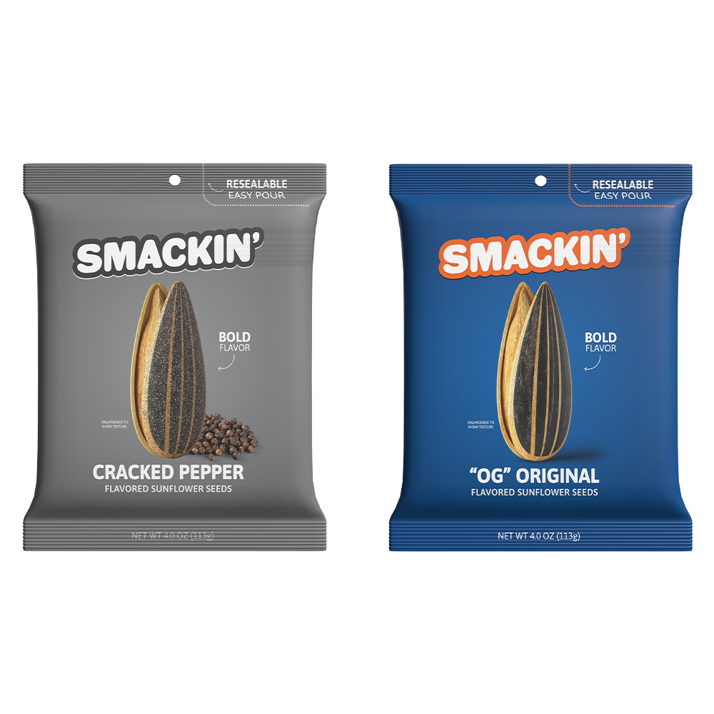 Two Smakin' flavored sunflower seed bags displayed side-by-side, one gray 'Cracked Pepper' with scattered peppercorns and one blue 'OG Original', both featuring a prominent split sunflower seed and 'Resealable Easy Pour' packaging