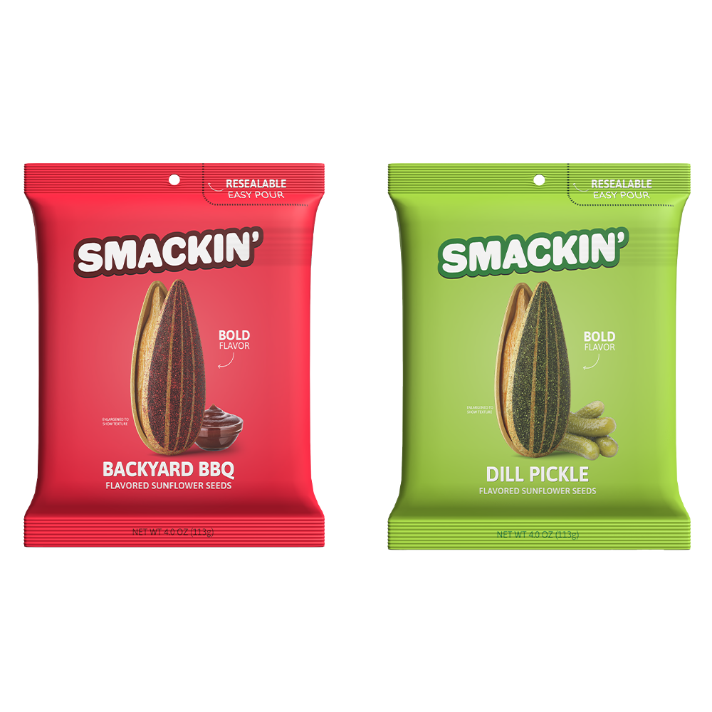 Two Smackin' flavored sunflower seed bags, one red Backyard BBQ with a bowl of sauce and one green Dill Pickle with pickles, both prominently featuring a sunflower seed graphic and "Resealable Easy Pour" text