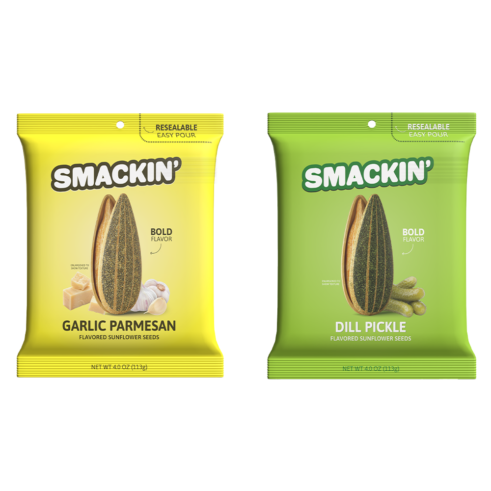 Two Smackin' flavored sunflower seed bags side by side, featuring a yellow Garlic Parmesan bag with garlic cloves and Parmesan cheese, and a green Dill Pickle bag with small dill pickles, both displaying a large sunflower seed and Bold Flavor text