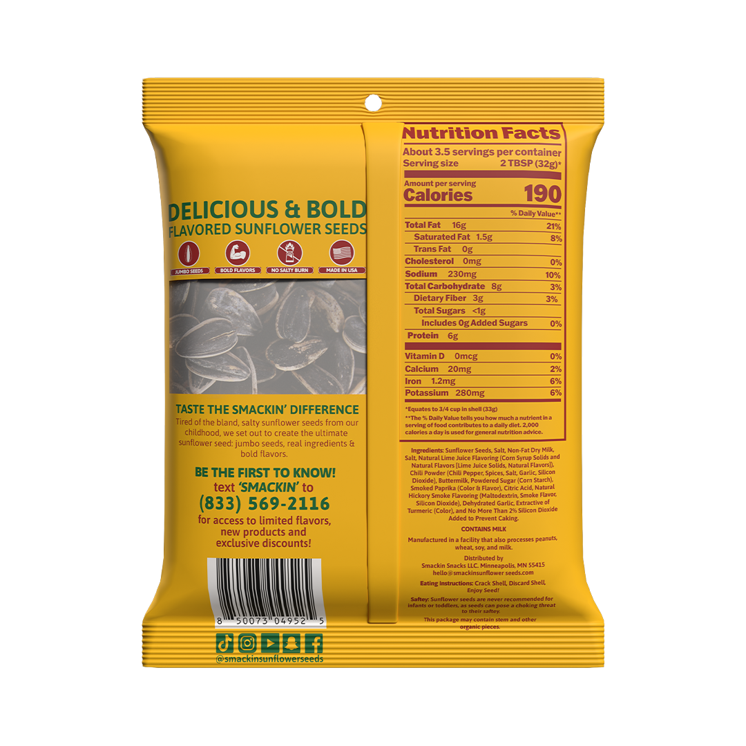 Product photo of a bright yellow and black bag of Smackin' Delicious & Bold Flavored Sunflower Seeds displaying shelled seeds, a "Nutrition Facts" panel showing 190 calories, and a "Made in USA" badge
