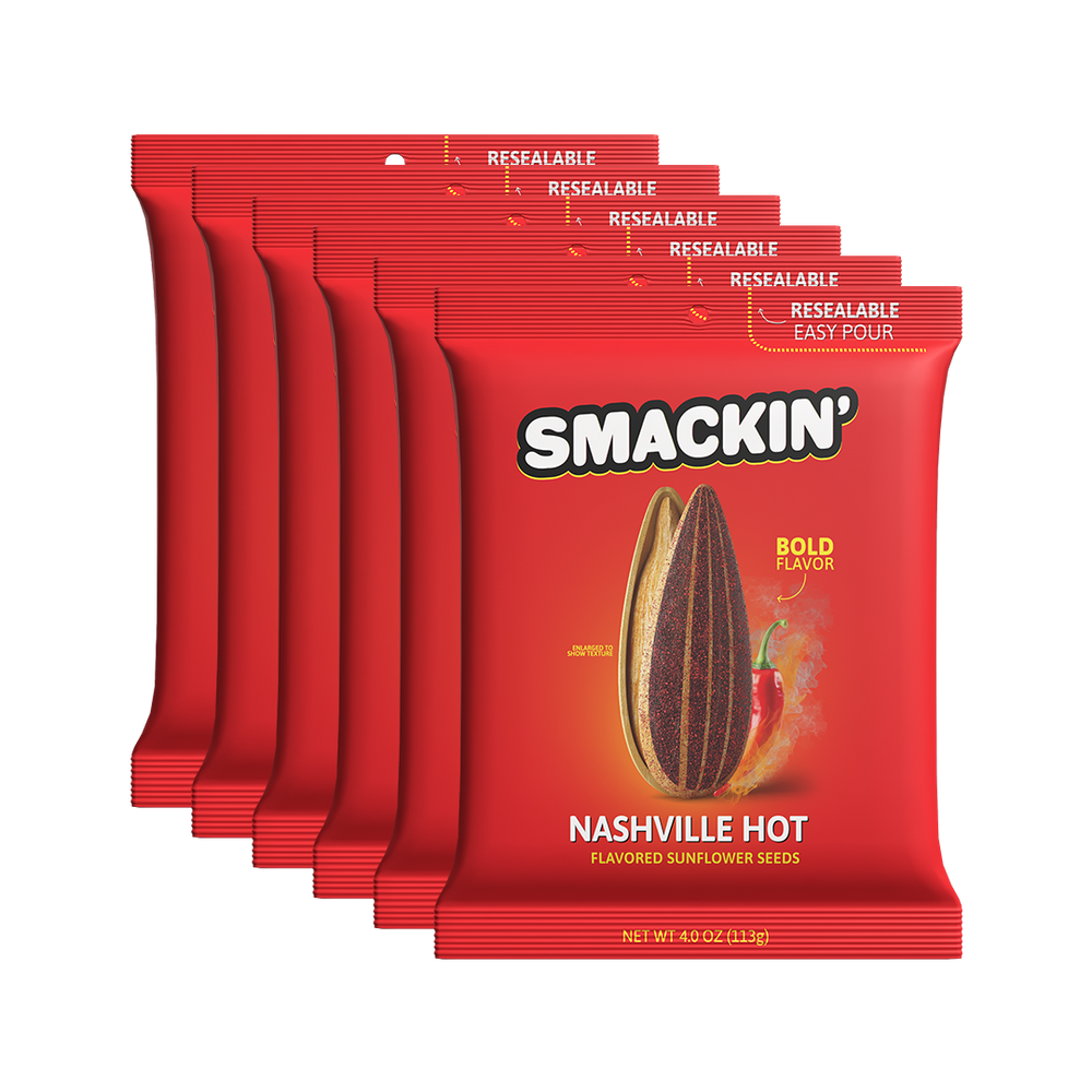 Smackin' branded packaging: a fanned stack of bright red Nashville Hot flavored sunflower seed bags, each emblazoned with a large textured sunflower seed, a fiery red chili pepper, and 'Bold Flavor' text, clearly showing 'Resealable Easy Pour' tops