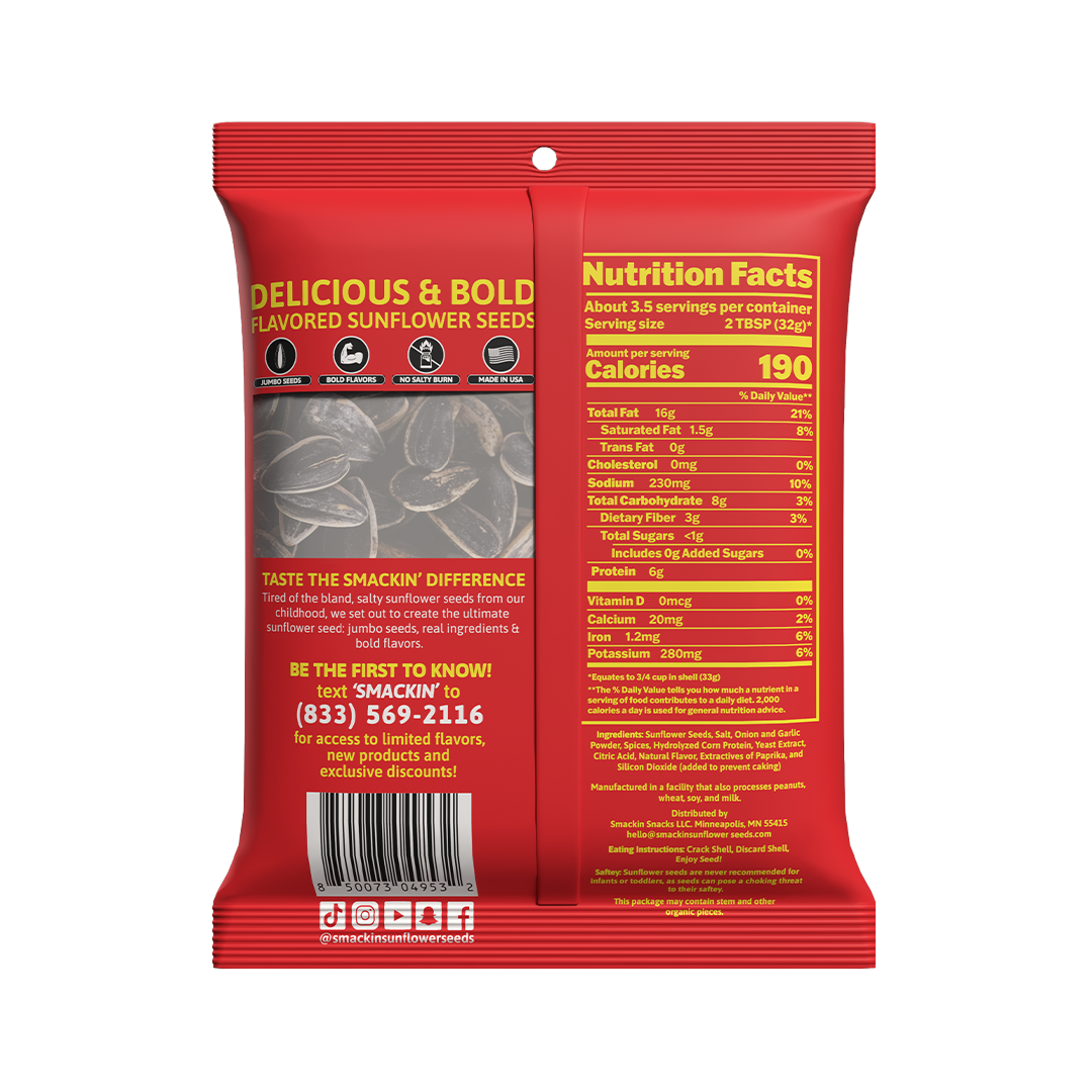A red and yellow Smacking' Flavored Sunflower Seeds bag prominently displaying "Delicious & Bold" text, a close-up of dark sunflower seeds, and a yellow Nutrition Facts label detailing 190 calories and ingredients, with a call to action to text (833) 569-2116