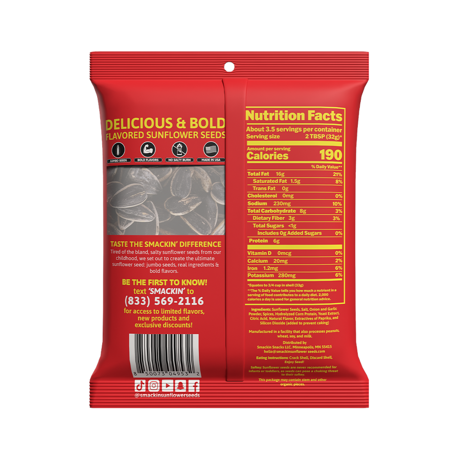 Product photography of the back of a red Smakin' Delicious & Bold flavored sunflower seeds bag, featuring a yellow 'Nutrition Facts' panel showing 190 calories, "JUMBO SEEDS" and "BOLD FLAVORS" icons, and a phone number to text for exclusive discounts