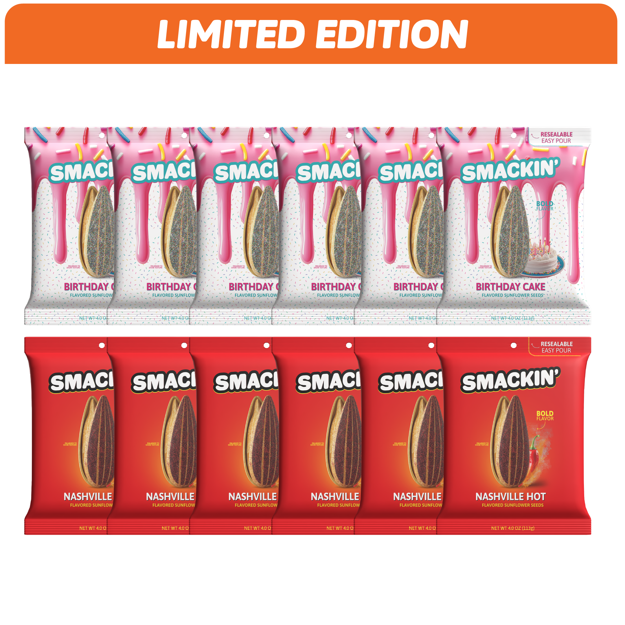 Limited Edition Smackin' flavored sunflower seeds in two rows showcasing pink Birthday Cake packaging with colorful sprinkles and a small frosted cake, alongside red Nashville and Nashville Hot packaging featuring a fiery red chili pepper