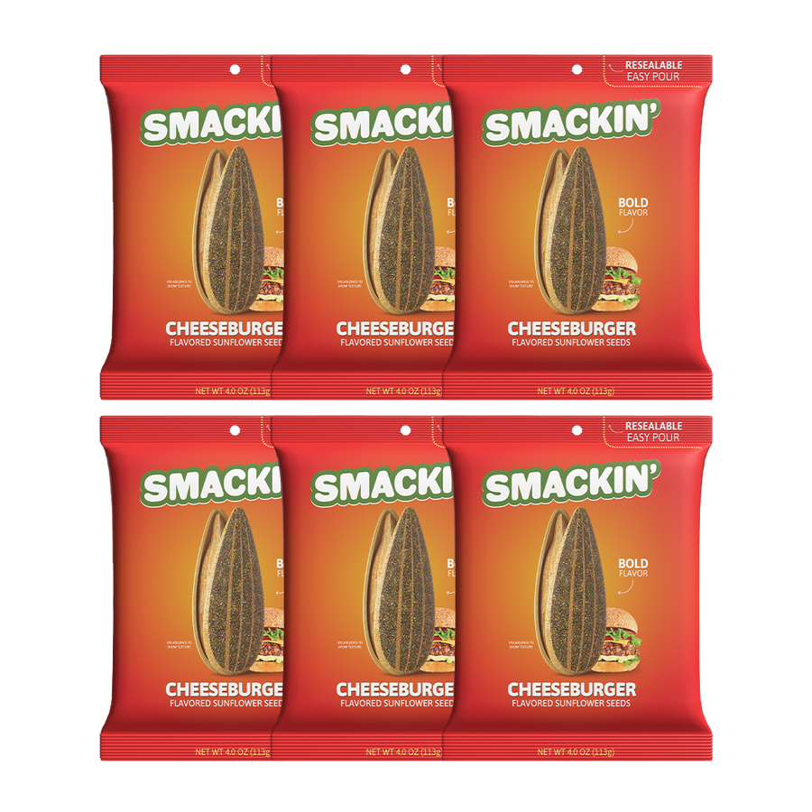 Six red Smakin' Cheeseburger flavored sunflower seed packets displaying a prominent green logo, a large sunflower seed graphic, a small cheeseburger illustration, and a resealable easy pour feature